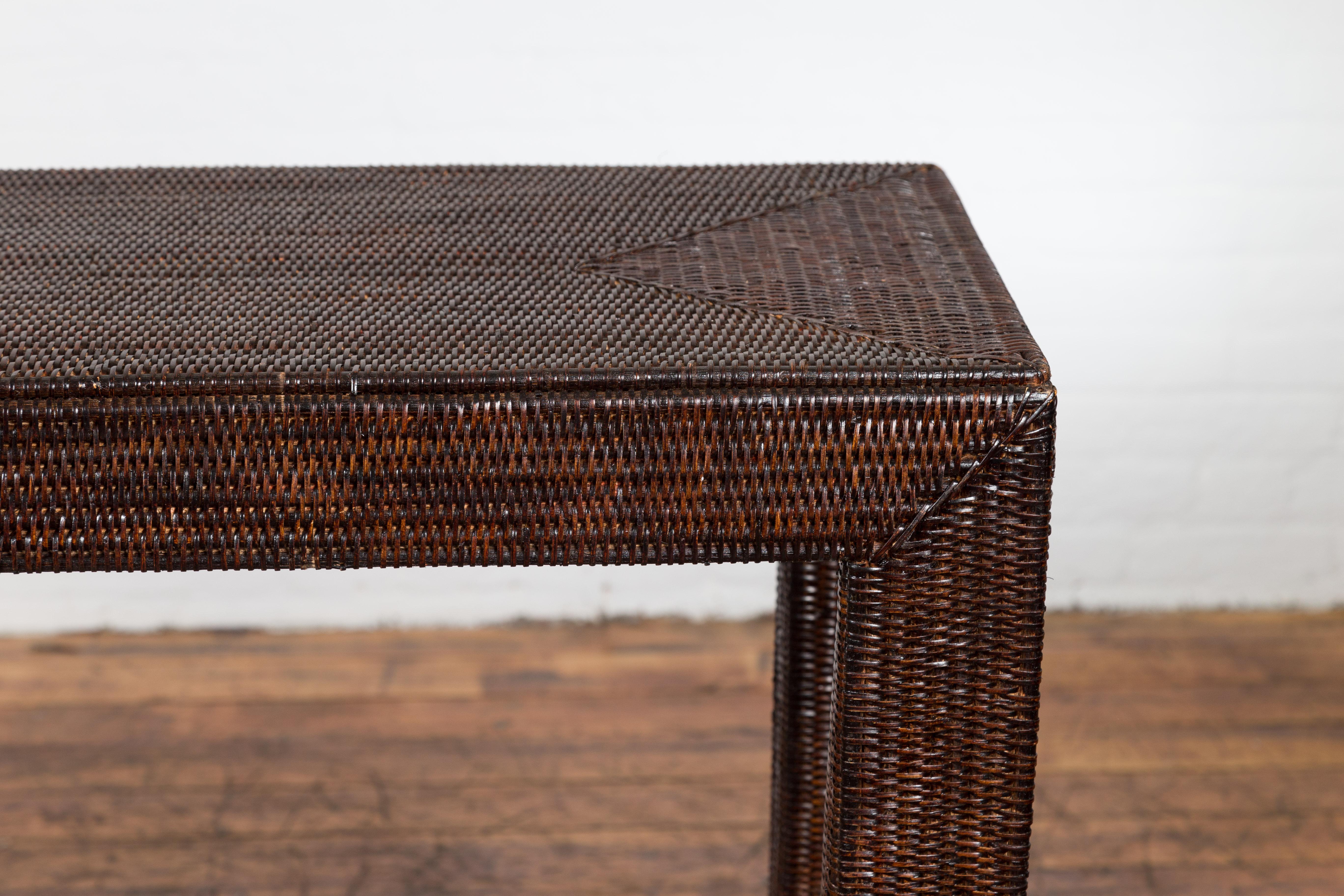 Stained Country Style Burmese Midcentury Dark Brown Woven Rattan Console Table For Sale
