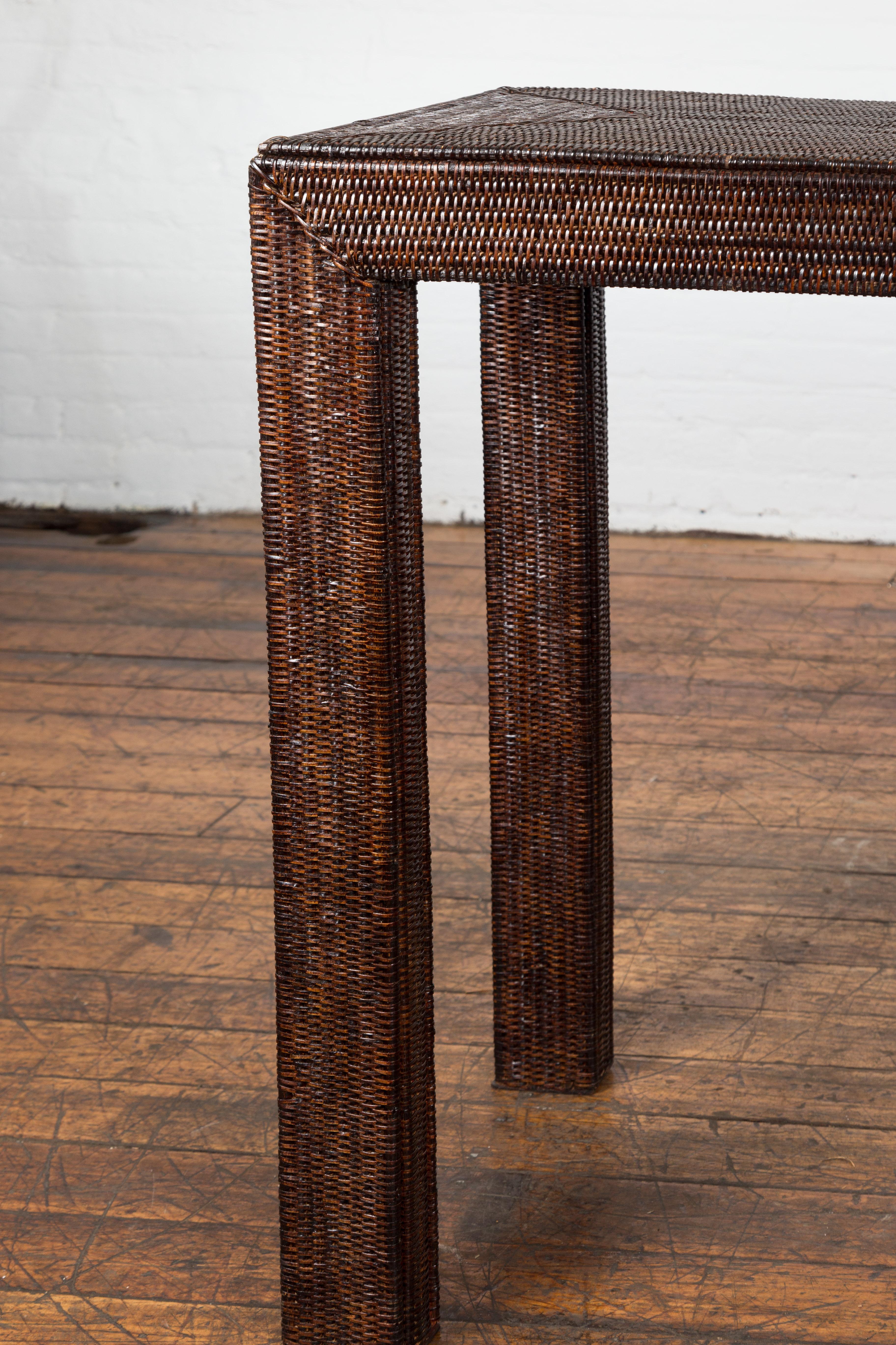 Country Style Burmese Midcentury Dark Brown Woven Rattan Console Table In Good Condition For Sale In Yonkers, NY