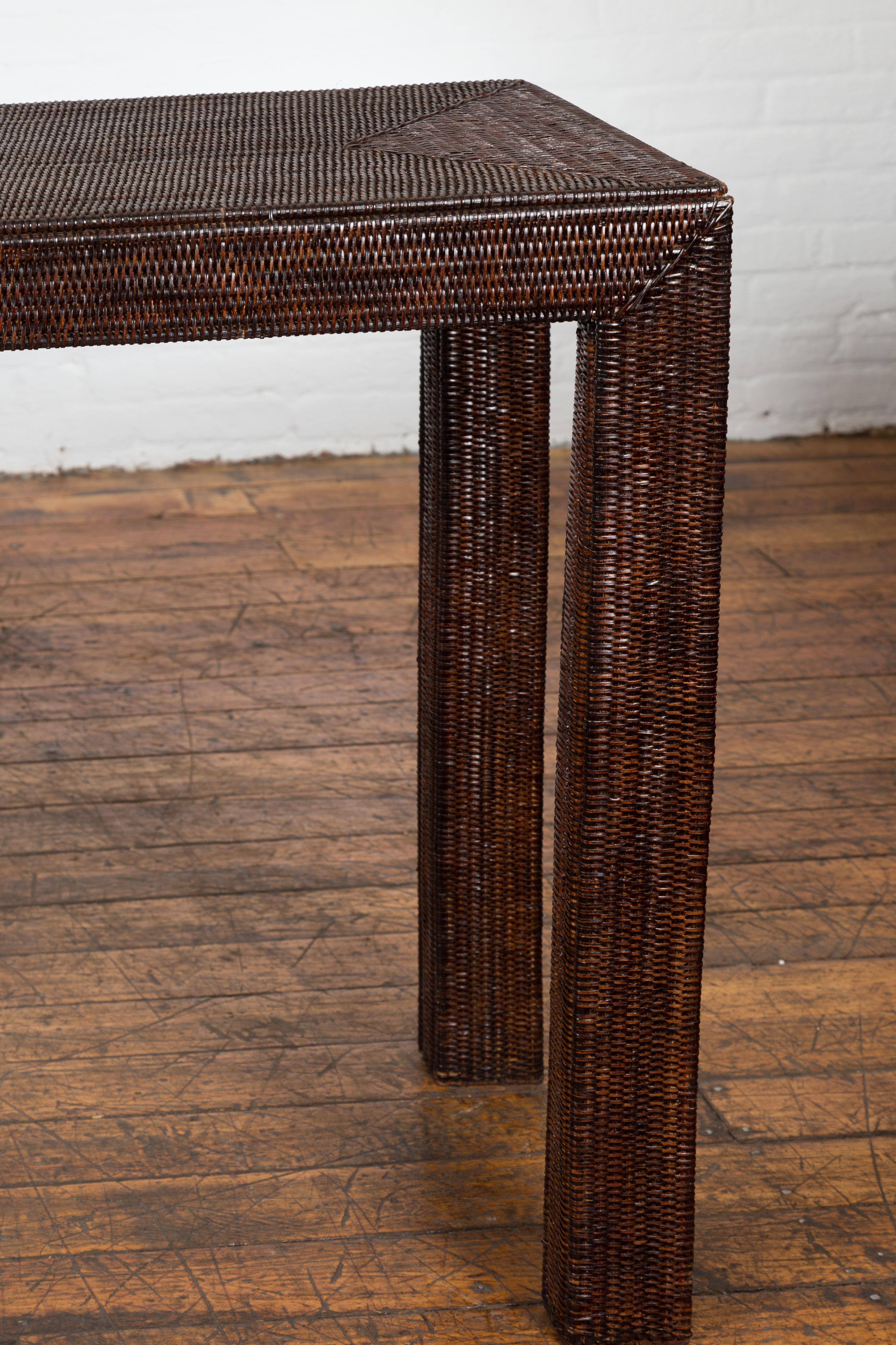 20th Century Country Style Burmese Midcentury Dark Brown Woven Rattan Console Table For Sale