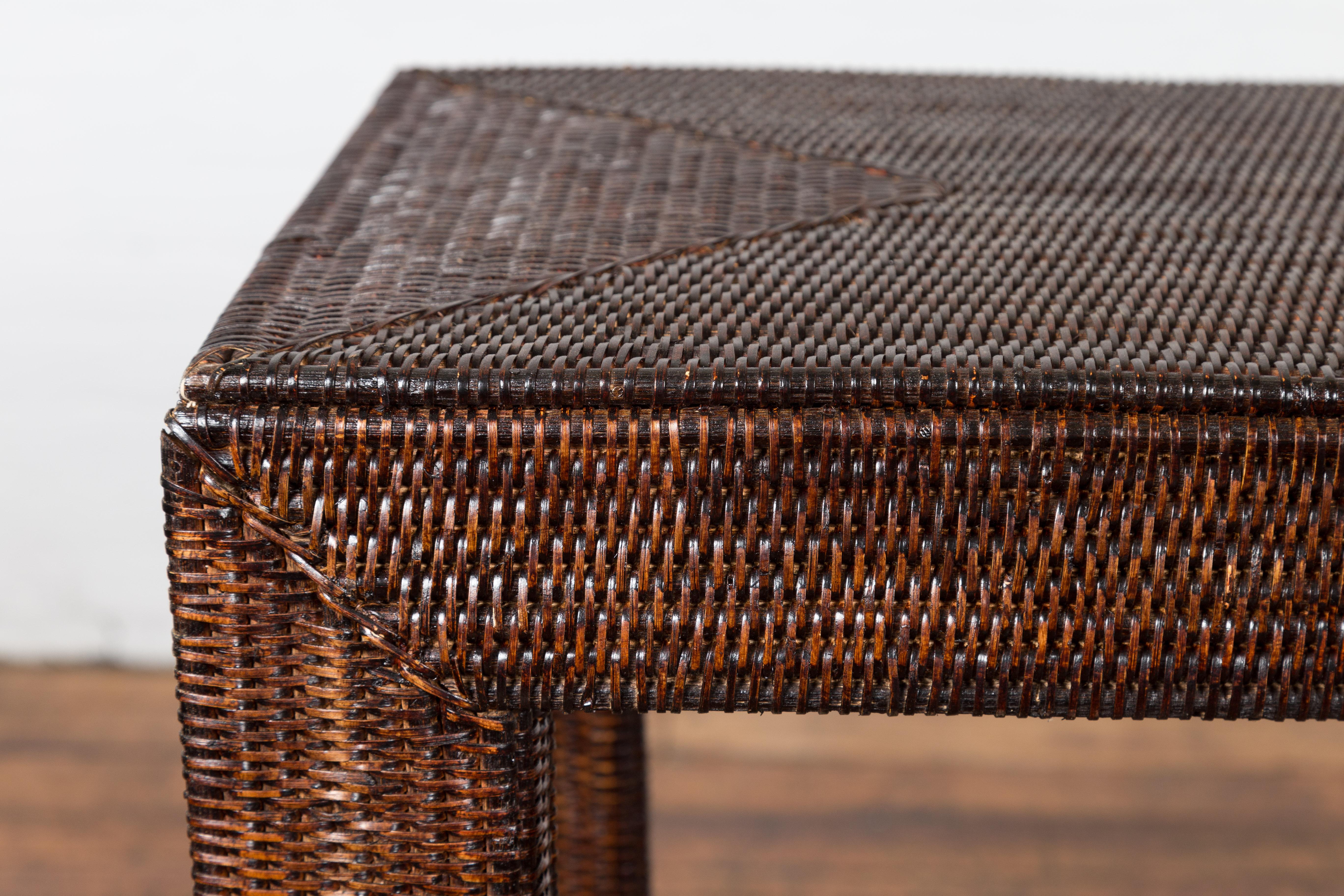 Country Style Burmese Midcentury Dark Brown Woven Rattan Console Table For Sale 3