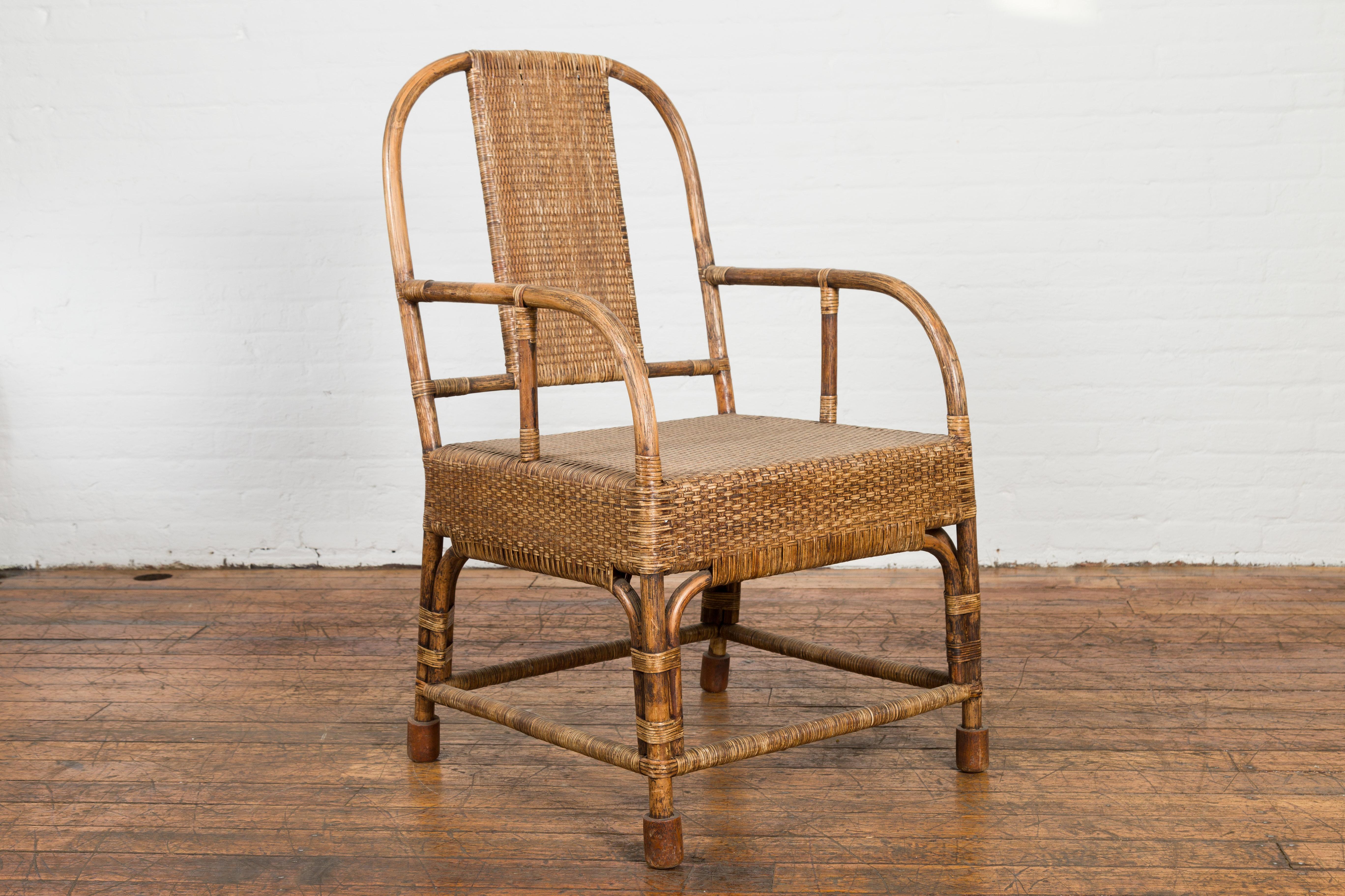 Country Style Burmese Vintage Hand-Woven Rattan Armchair with Rounded Back For Sale 5