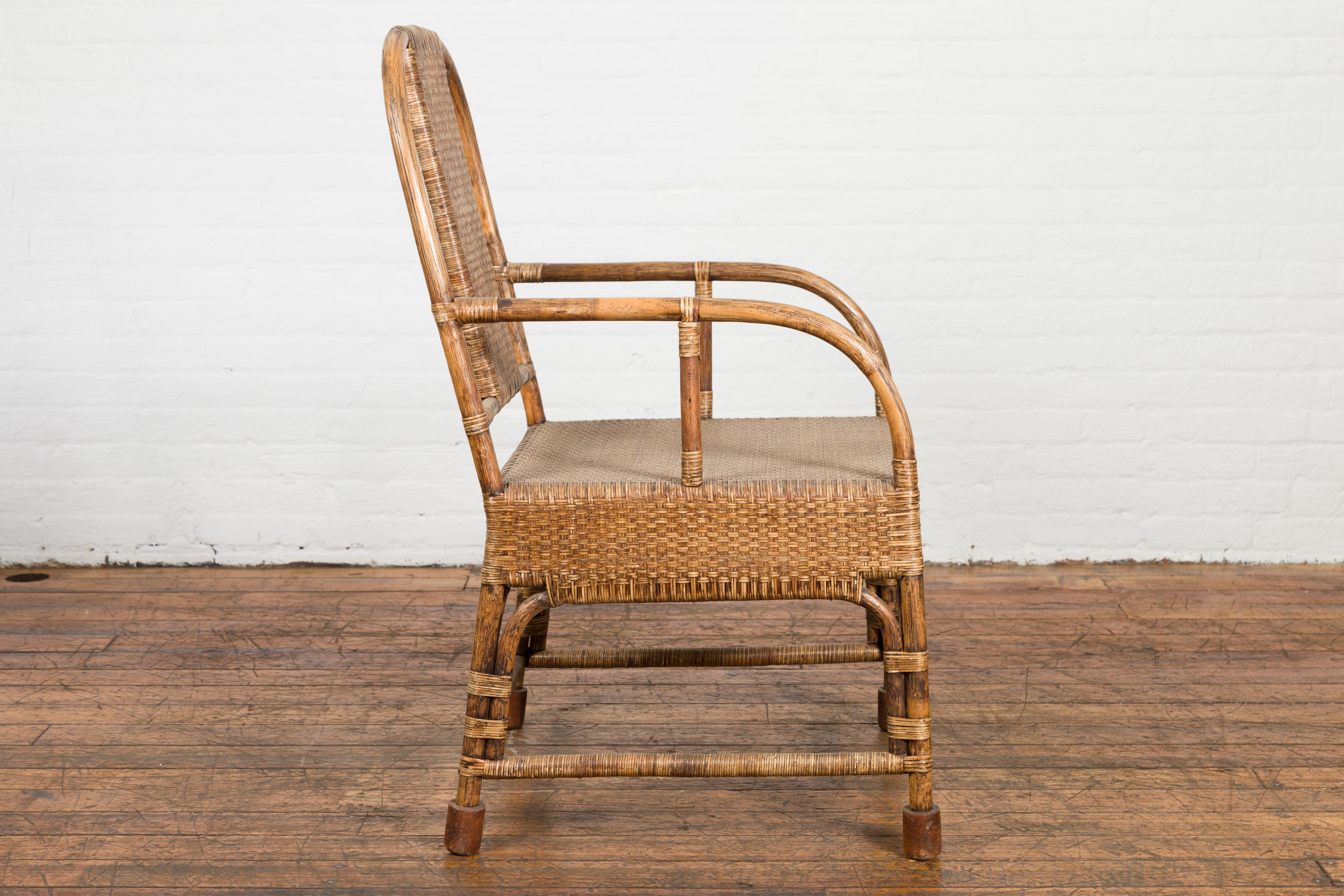 Country Style Burmese Vintage Hand-Woven Rattan Armchair with Rounded Back For Sale 6