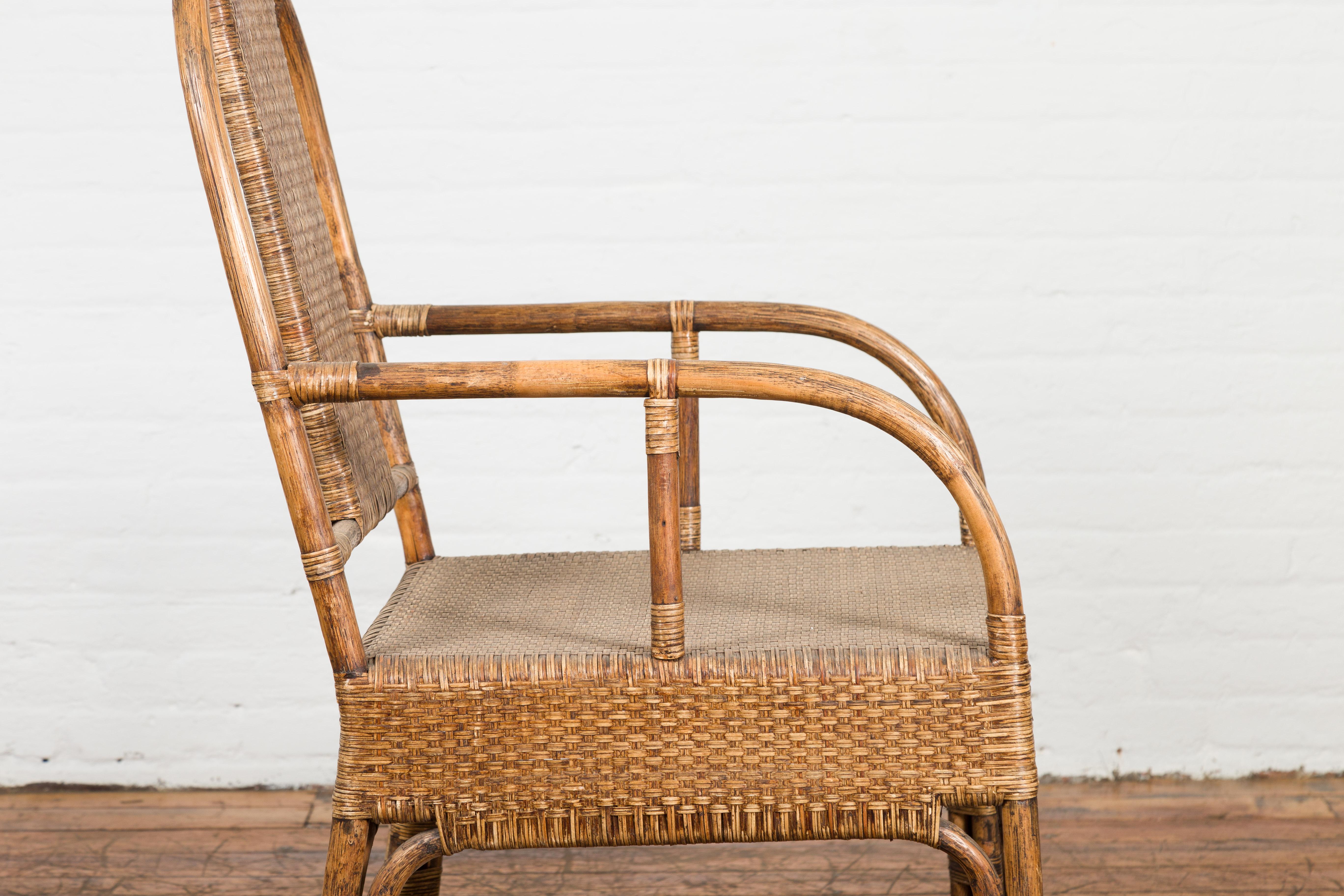 Country Style Burmese Vintage Hand-Woven Rattan Armchair with Rounded Back For Sale 7