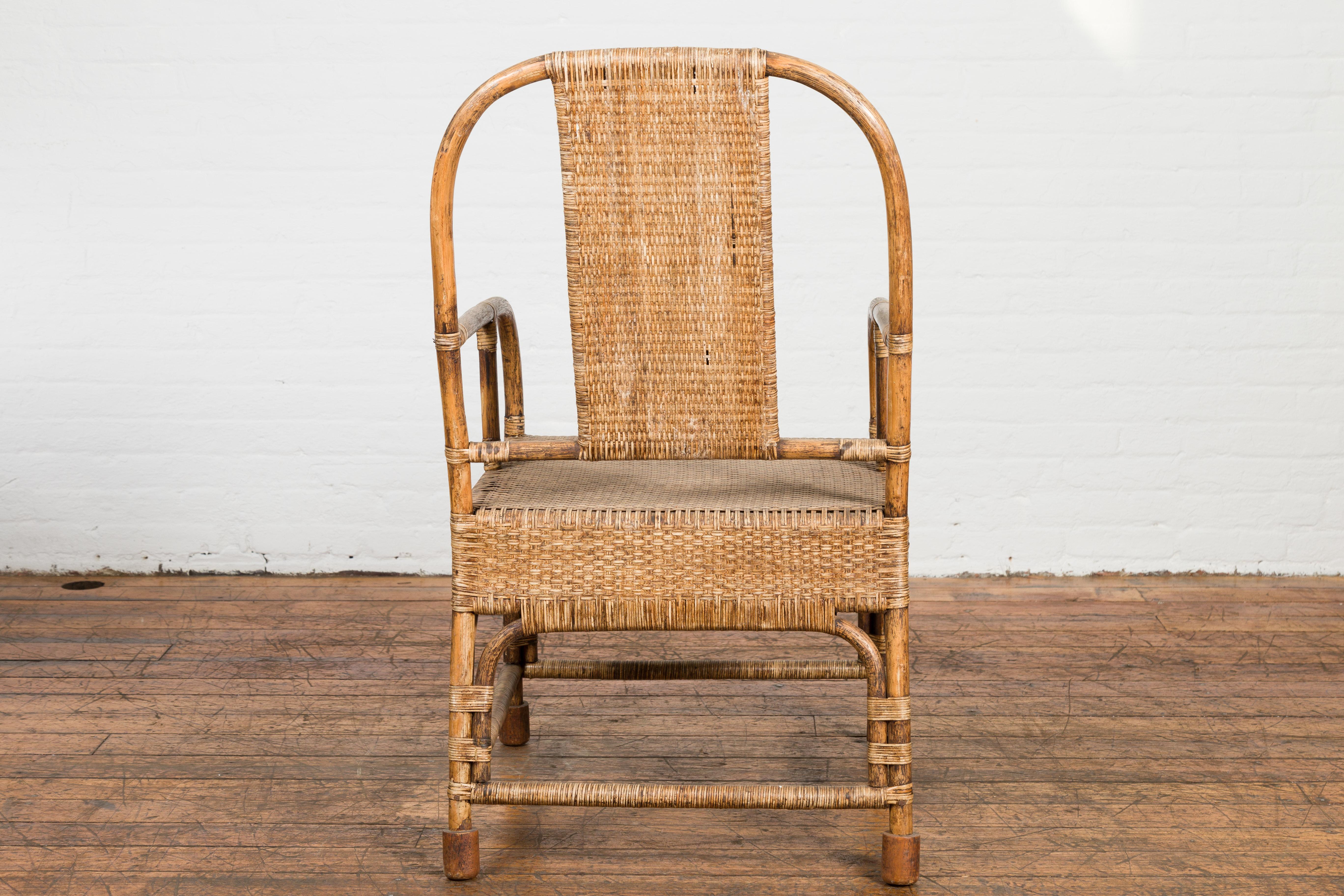 Country Style Burmese Vintage Hand-Woven Rattan Armchair with Rounded Back For Sale 8