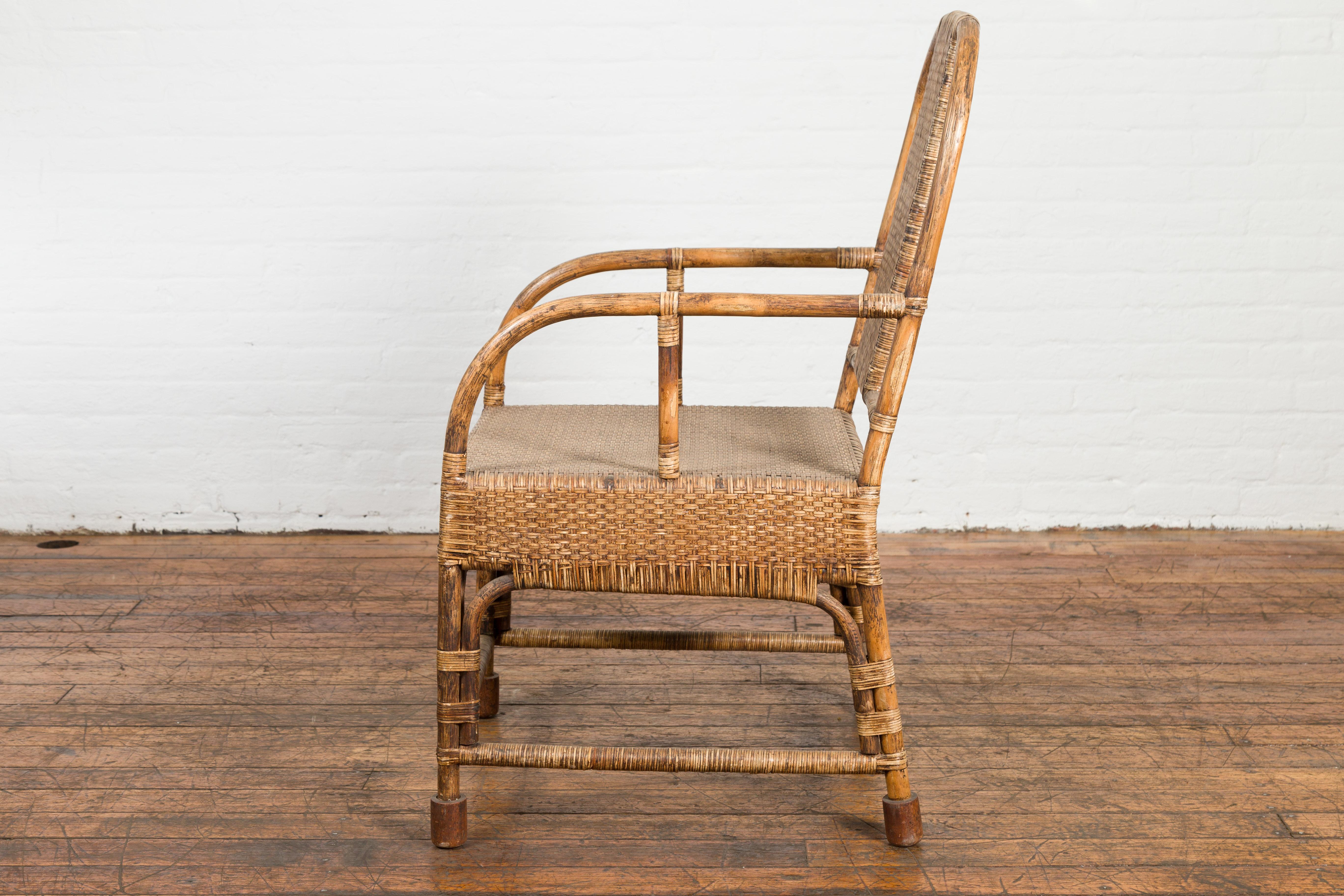 Country Style Burmese Vintage Hand-Woven Rattan Armchair with Rounded Back For Sale 9