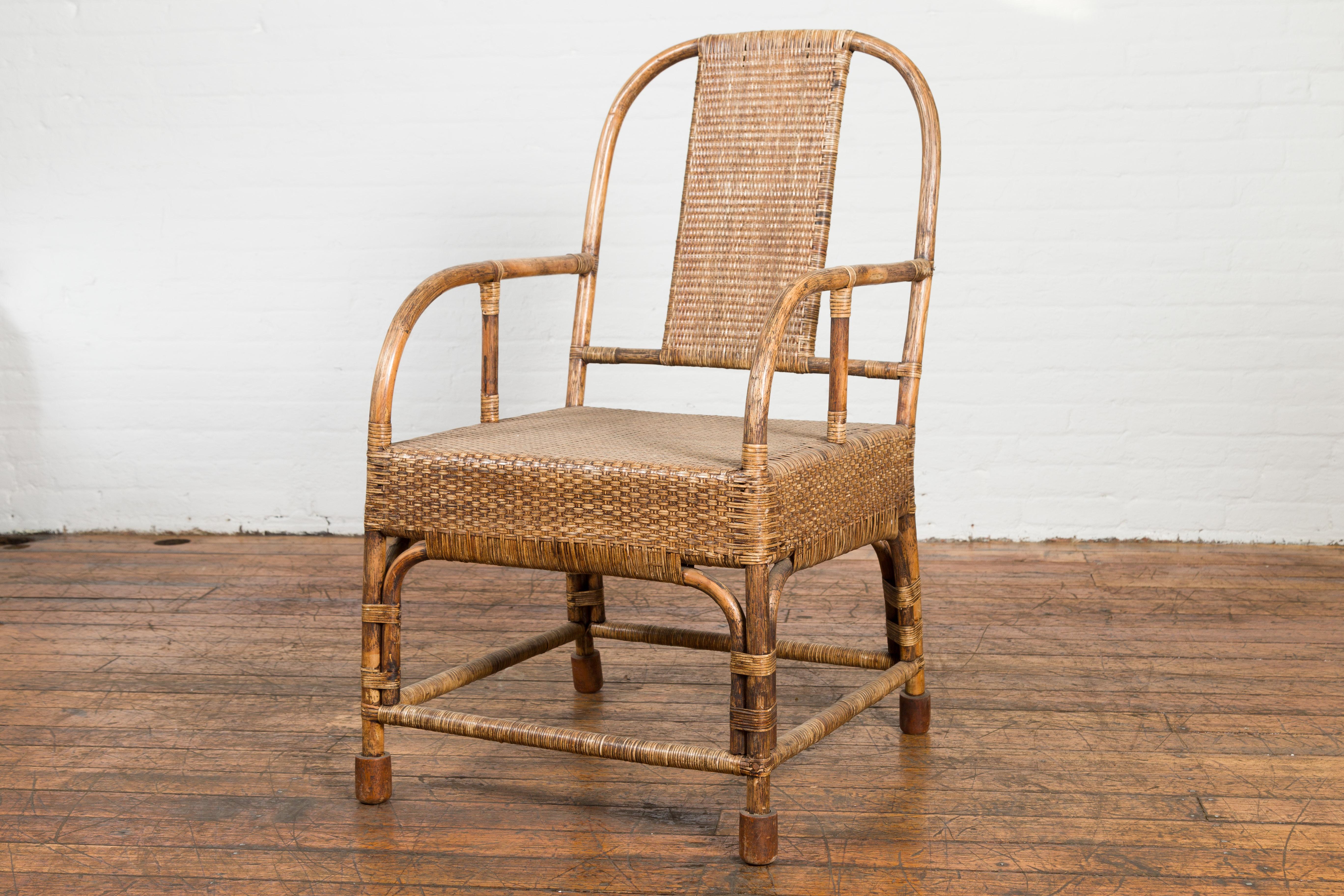 Country Style Burmese Vintage Hand-Woven Rattan Armchair with Rounded Back For Sale 10