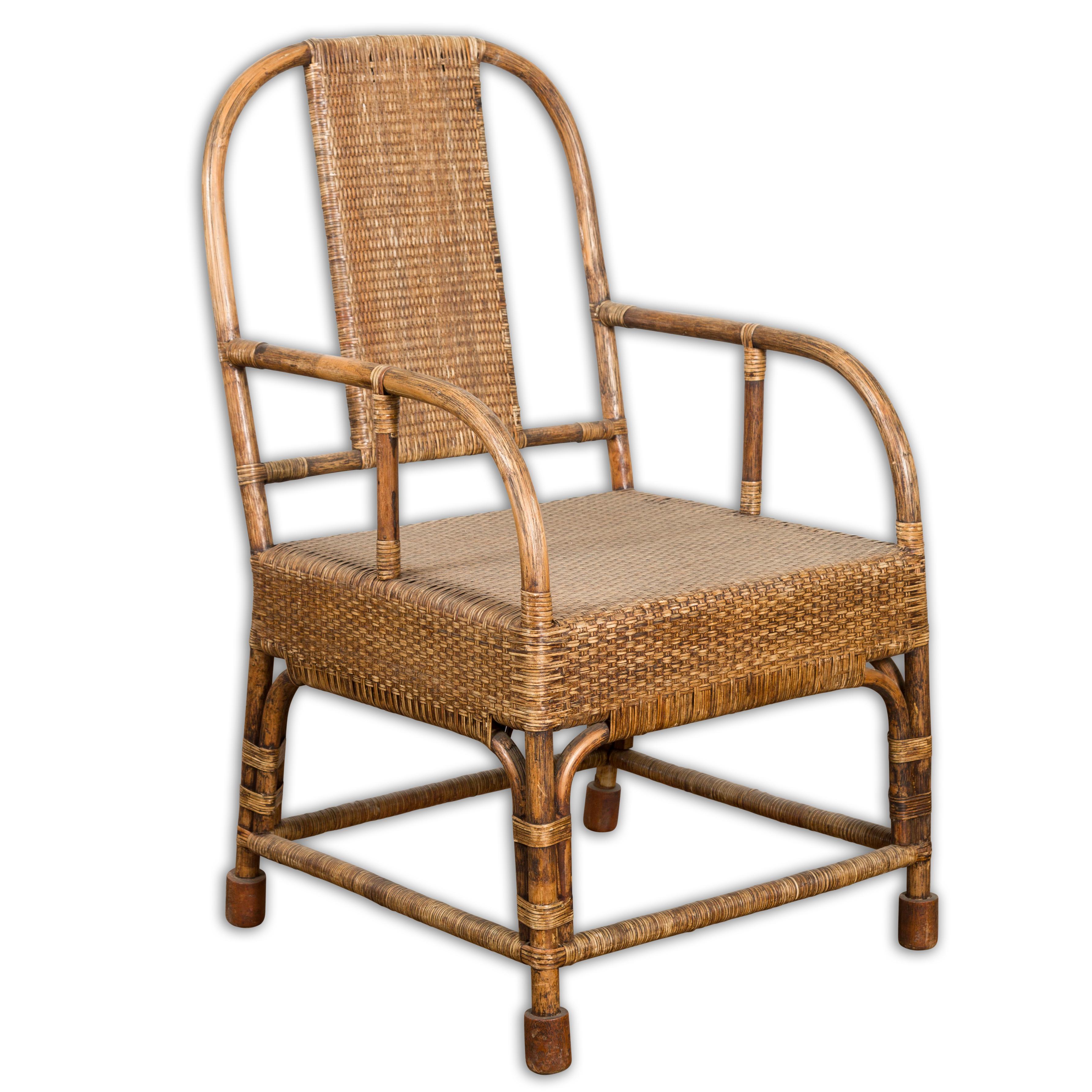 Country Style Burmese Vintage Hand-Woven Rattan Armchair with Rounded Back For Sale 11