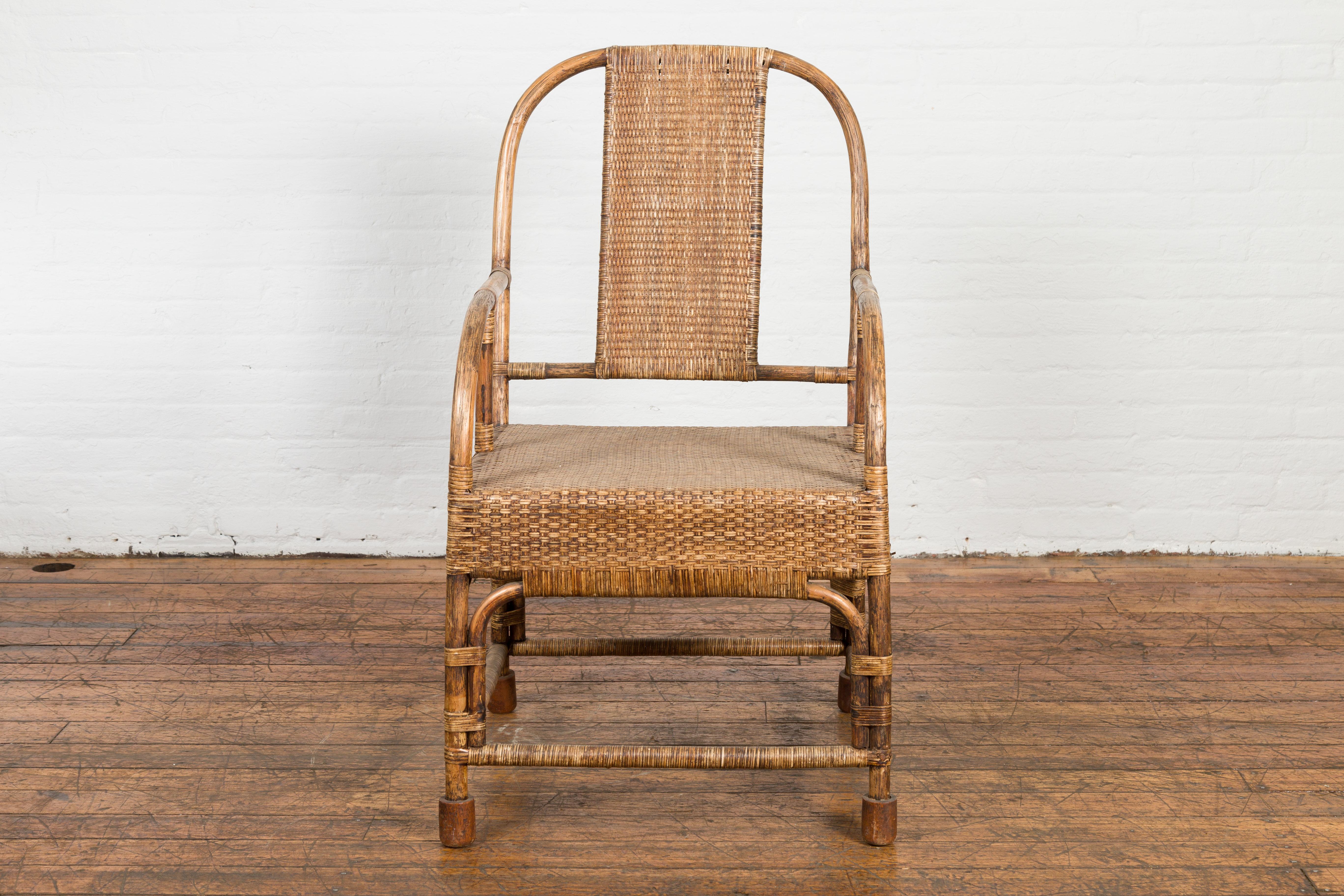 Country Style Burmese Vintage Hand-Woven Rattan Armchair with Rounded Back In Good Condition For Sale In Yonkers, NY