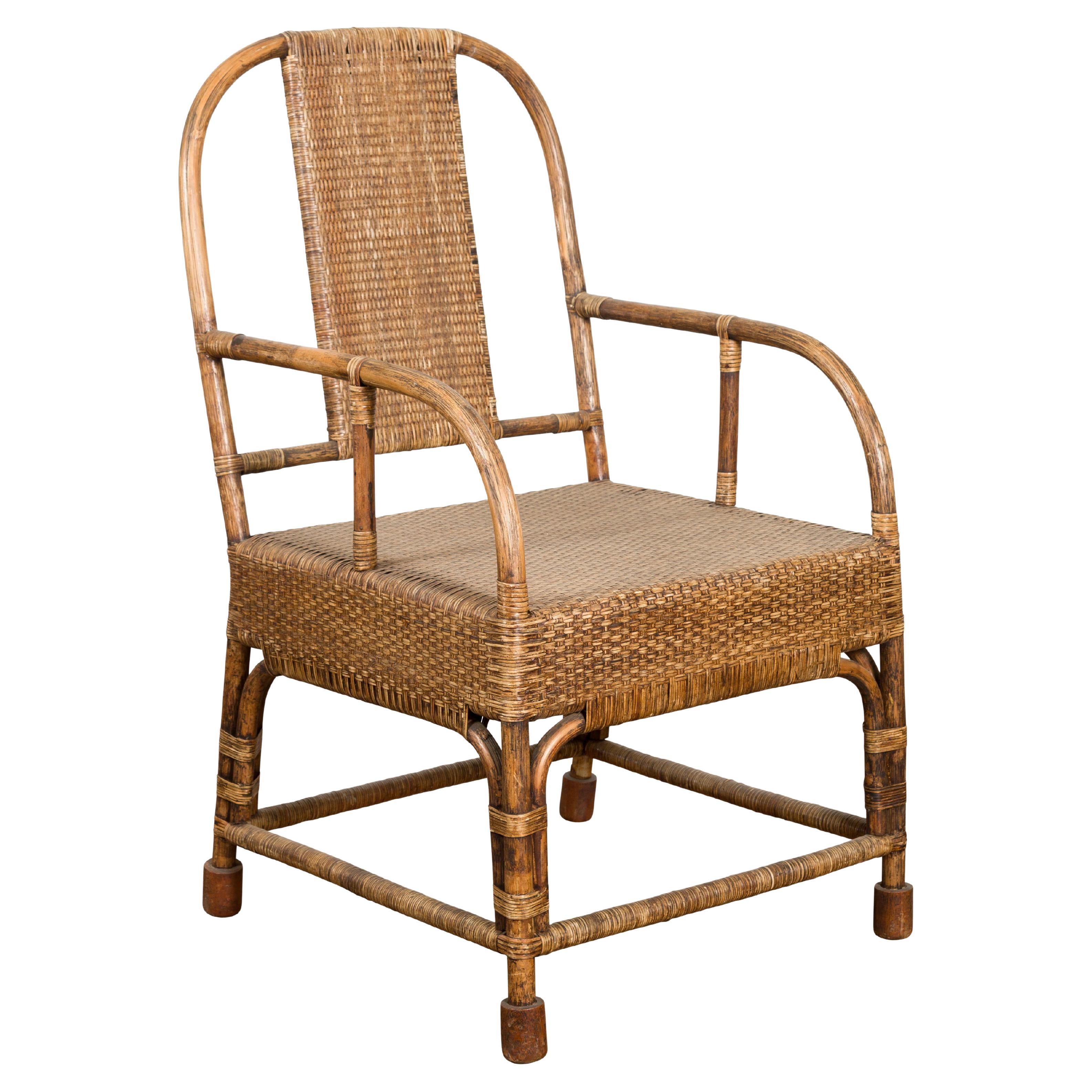 Country Style Burmese Vintage Hand-Woven Rattan Armchair with Rounded Back