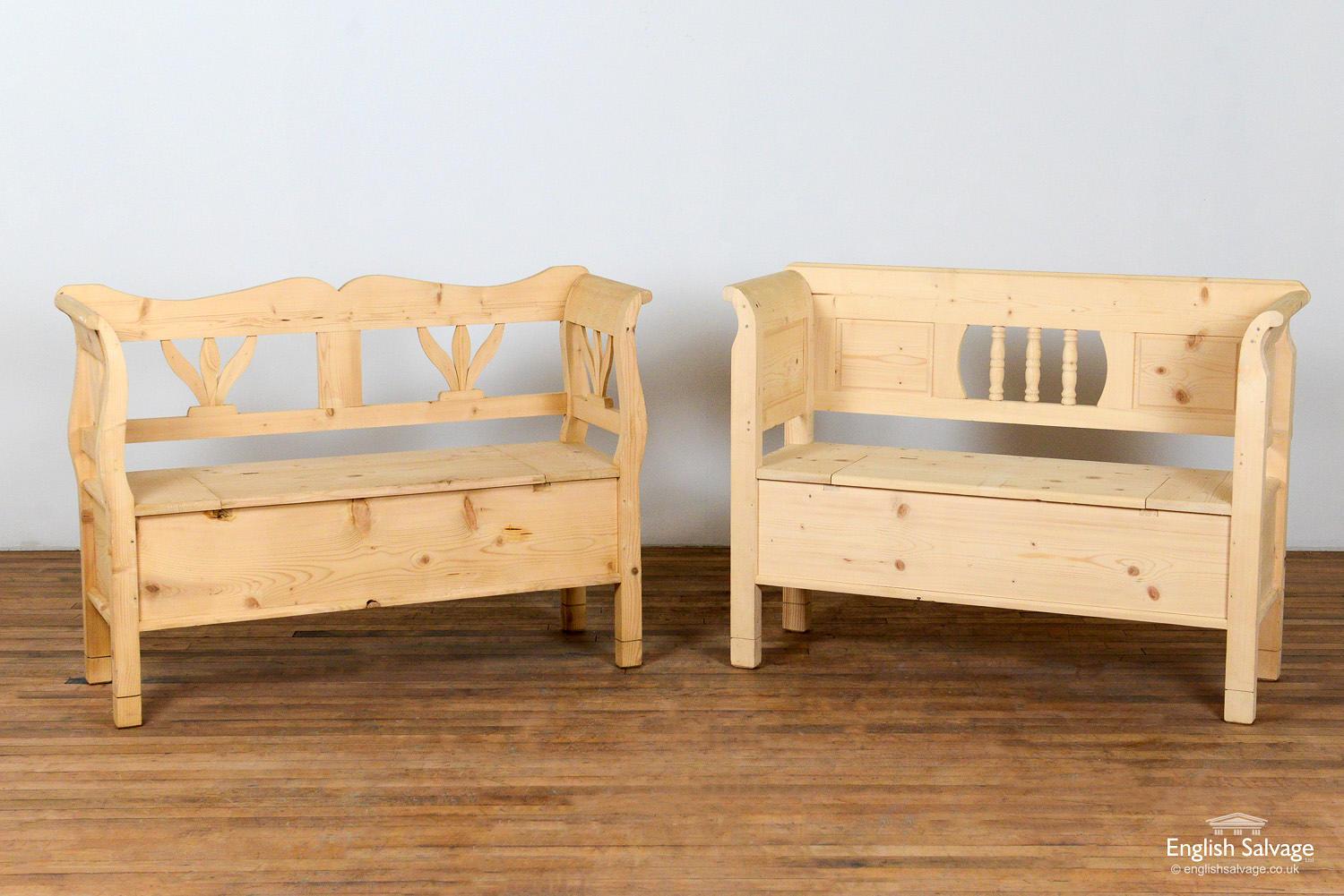 Charming unfinished pine benches, each with storage in the seat. The size of the bench with the curved top is below, seat height is 49cm. The panelled back bench is 125cm wide x 92cm high x 41cm deep.