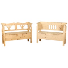 Vintage Country Style Carved Pine Bench with Storage, 20th Century