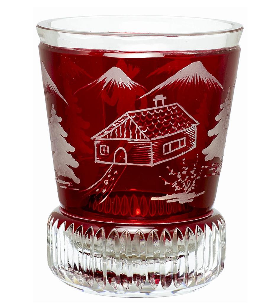 Hand blown country style crystal latern in red glass from Bavaria. The decor is hands-free engraved by glass artists all around with a skiier, trees and a cottage. Sofina glass and porcelain was found 2013 in Bavaria and lies a reversion to