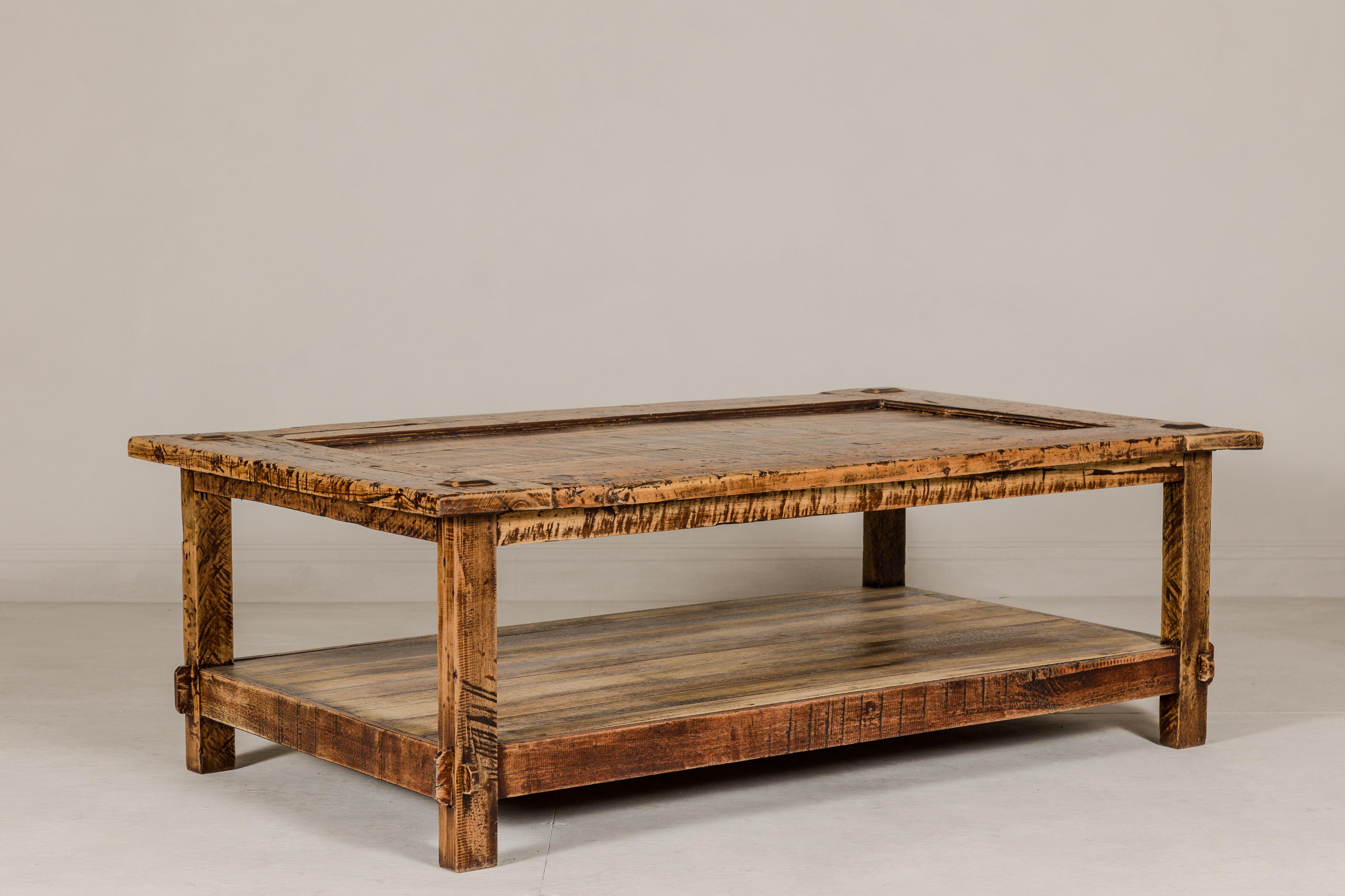 Country Style Distressed Two-Tier Coffee Table with Inset Top and Straight Legs For Sale 5