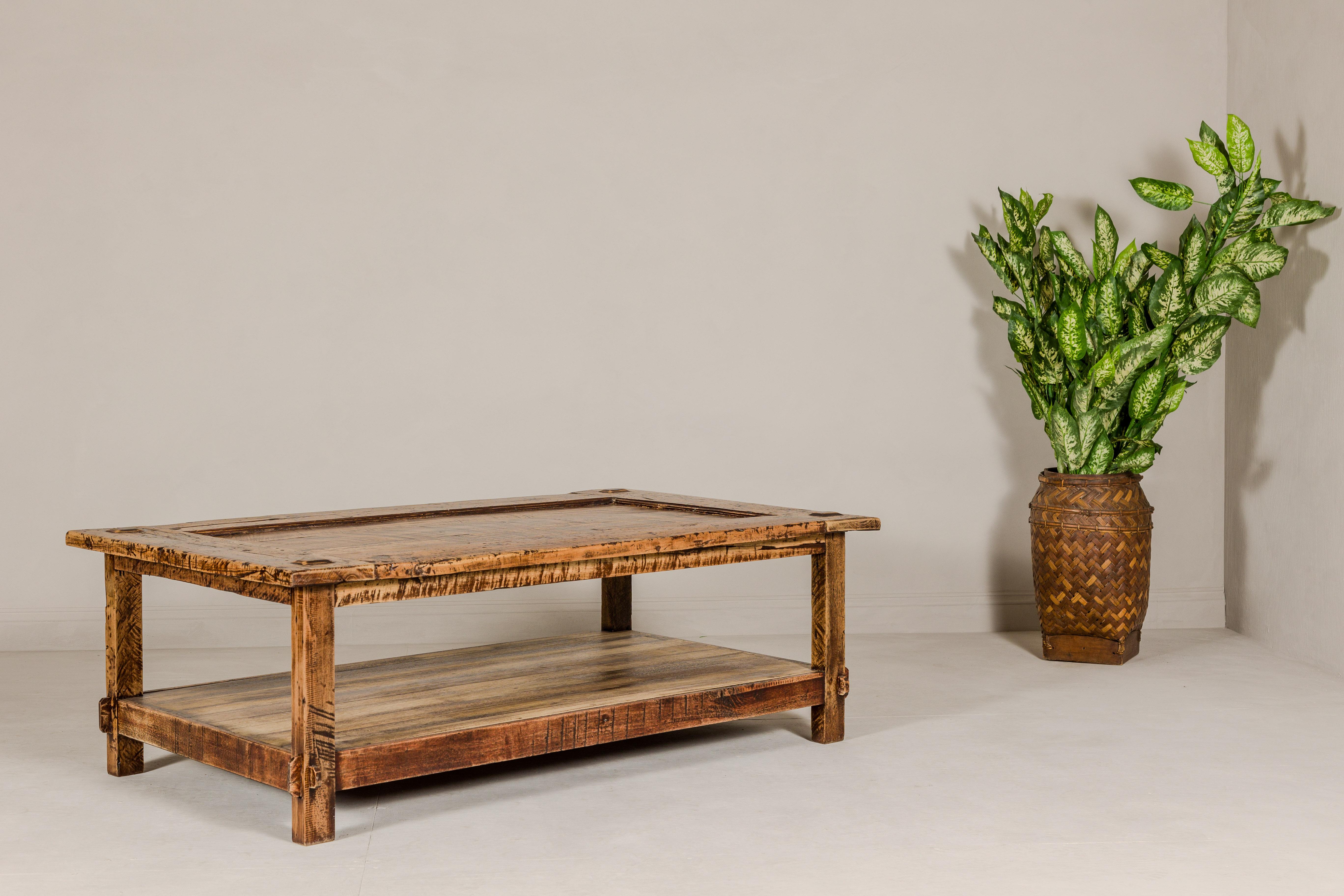 Country Style Distressed Two-Tier Coffee Table with Inset Top and Straight Legs For Sale 6