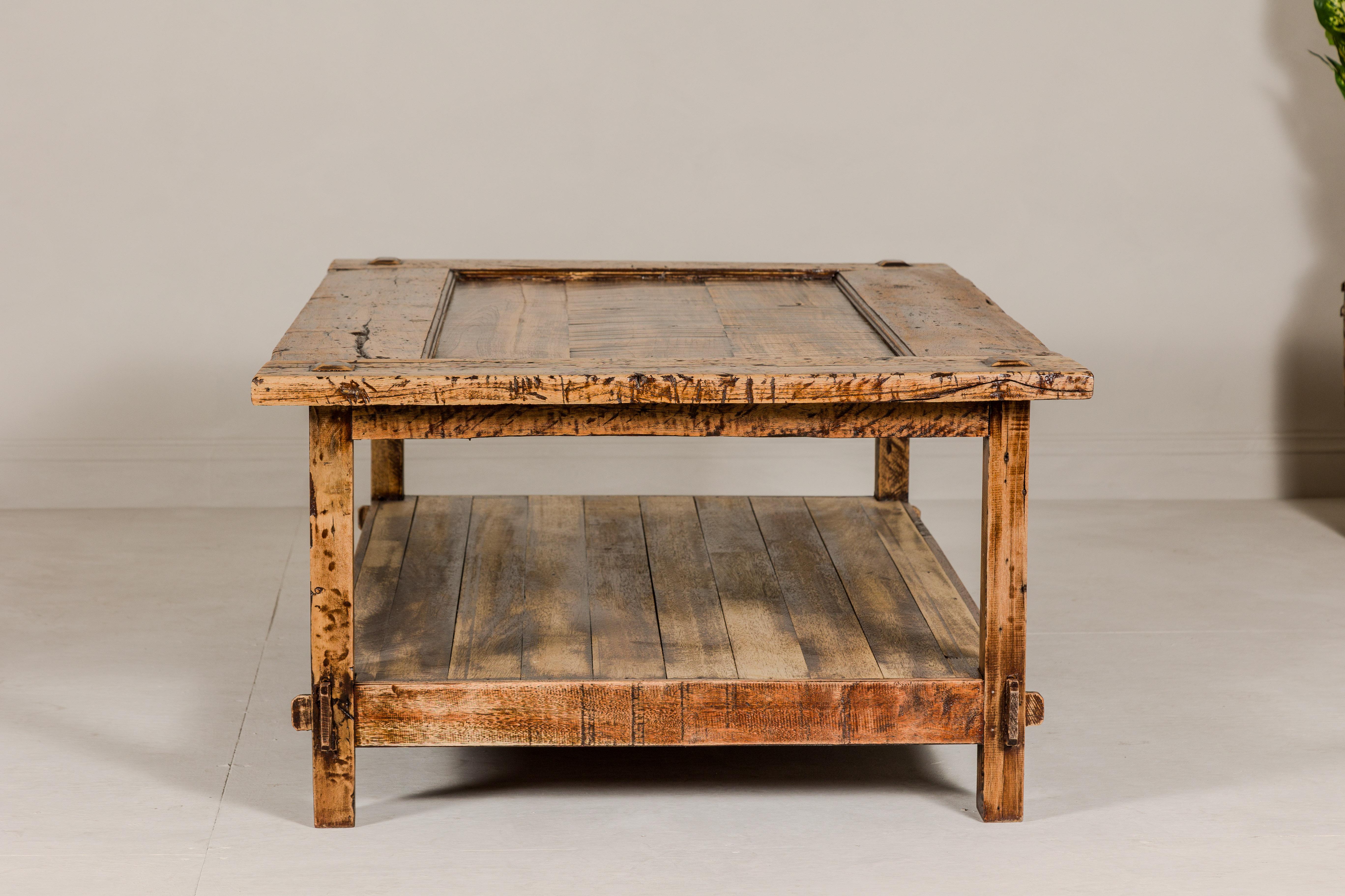 Country Style Distressed Two-Tier Coffee Table with Inset Top and Straight Legs For Sale 7