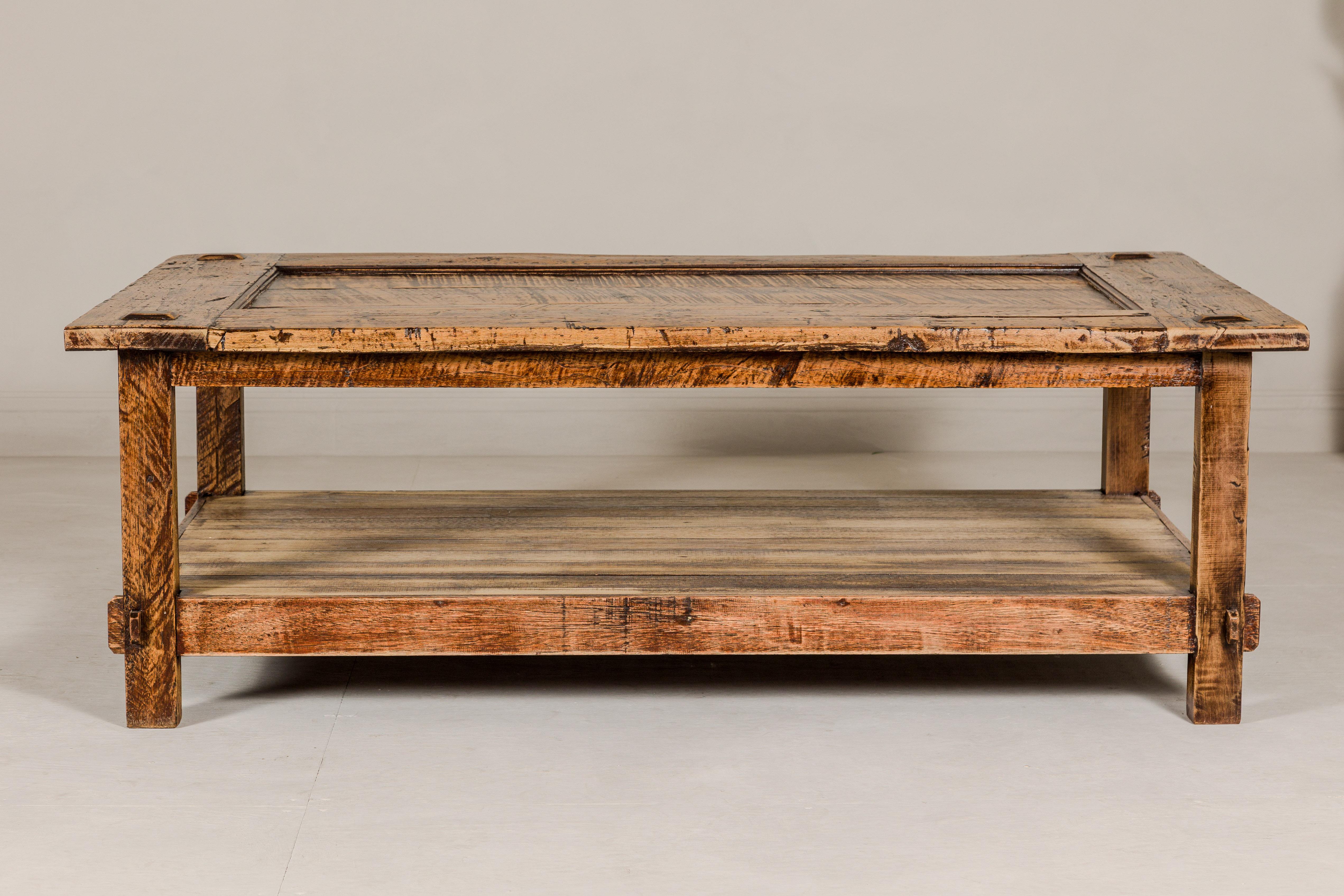 Country Style Distressed Two-Tier Coffee Table with Inset Top and Straight Legs For Sale 9