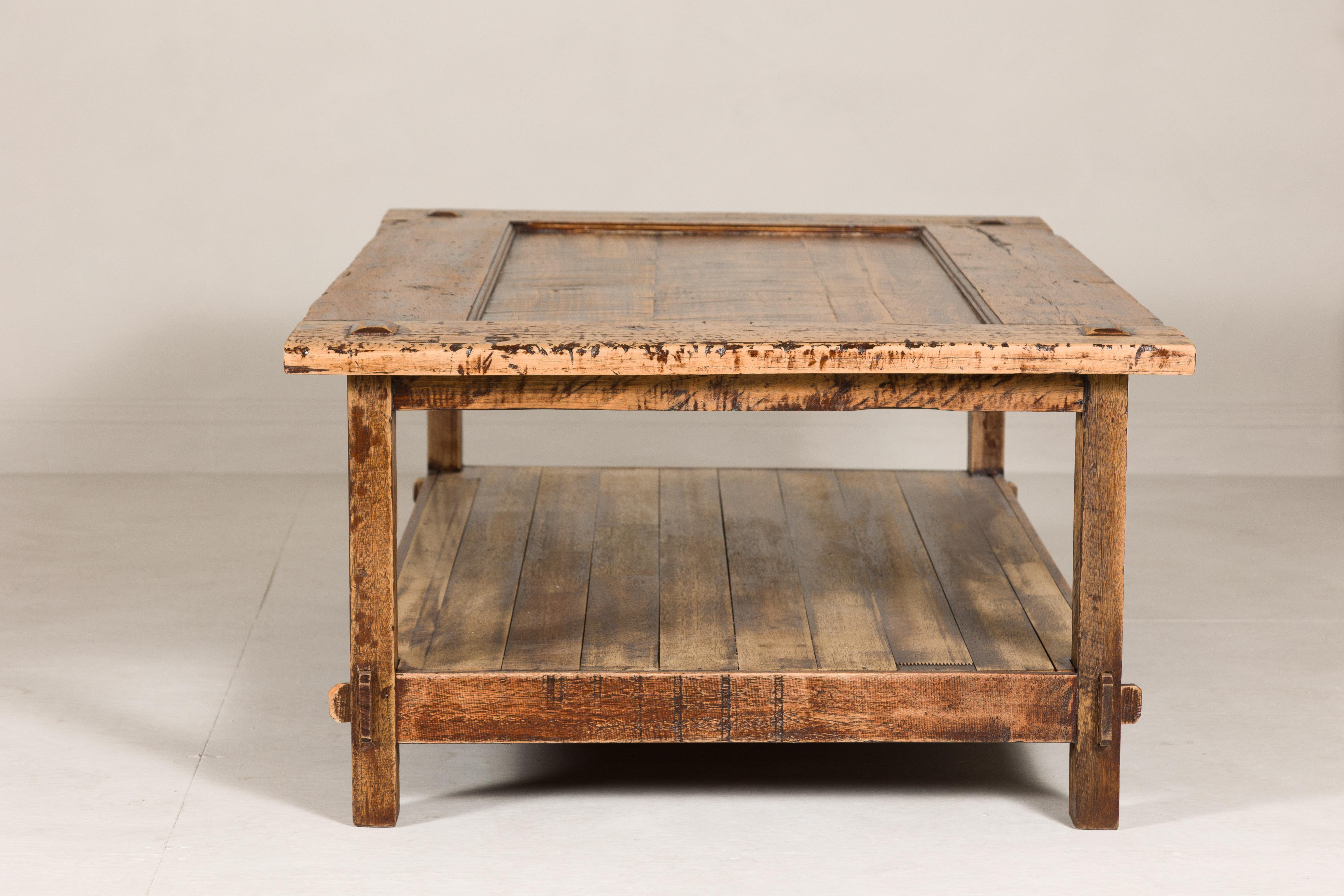 Country Style Distressed Two-Tier Coffee Table with Inset Top and Straight Legs For Sale 12