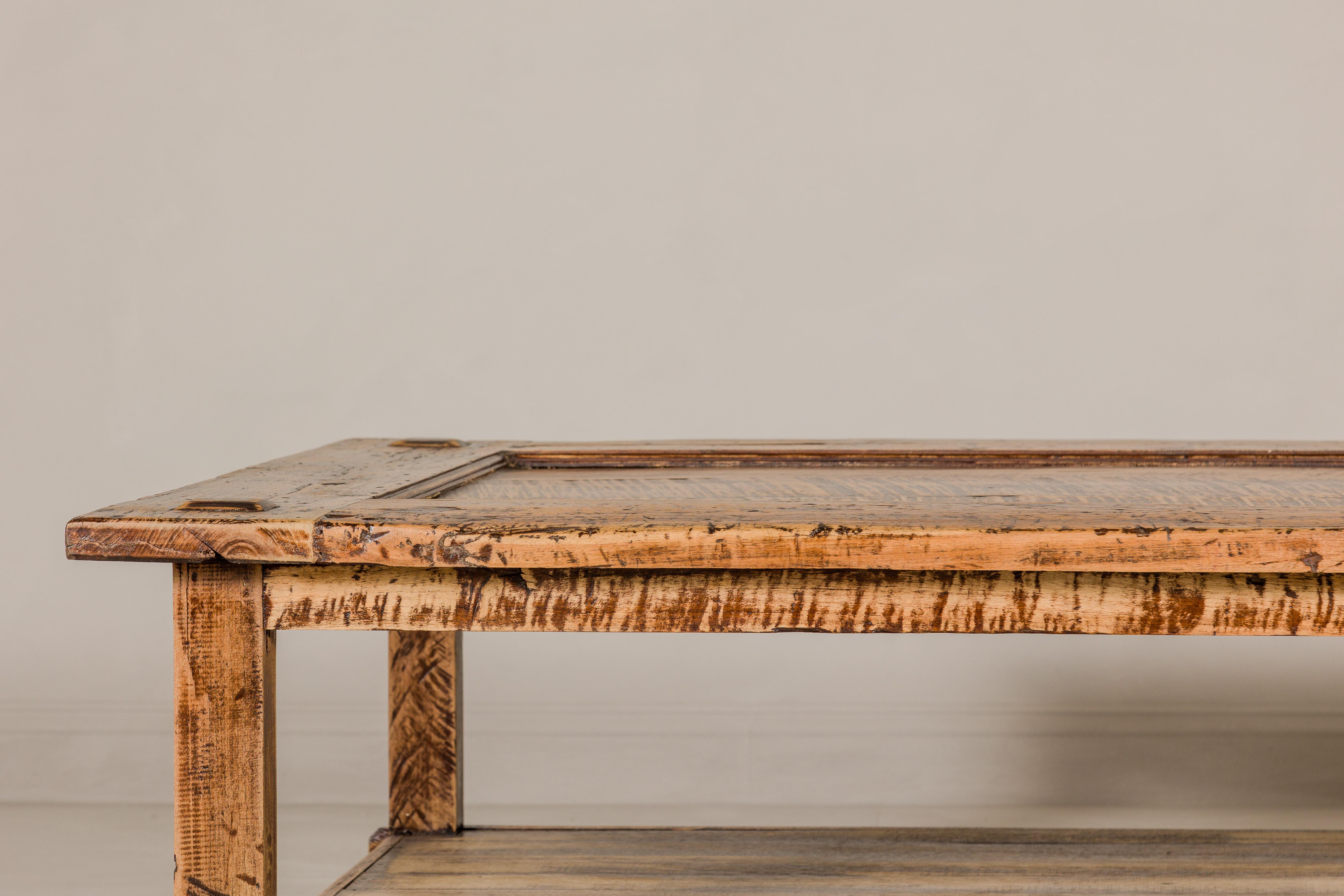 Country Style Distressed Two-Tier Coffee Table with Inset Top and Straight Legs In Good Condition For Sale In Yonkers, NY