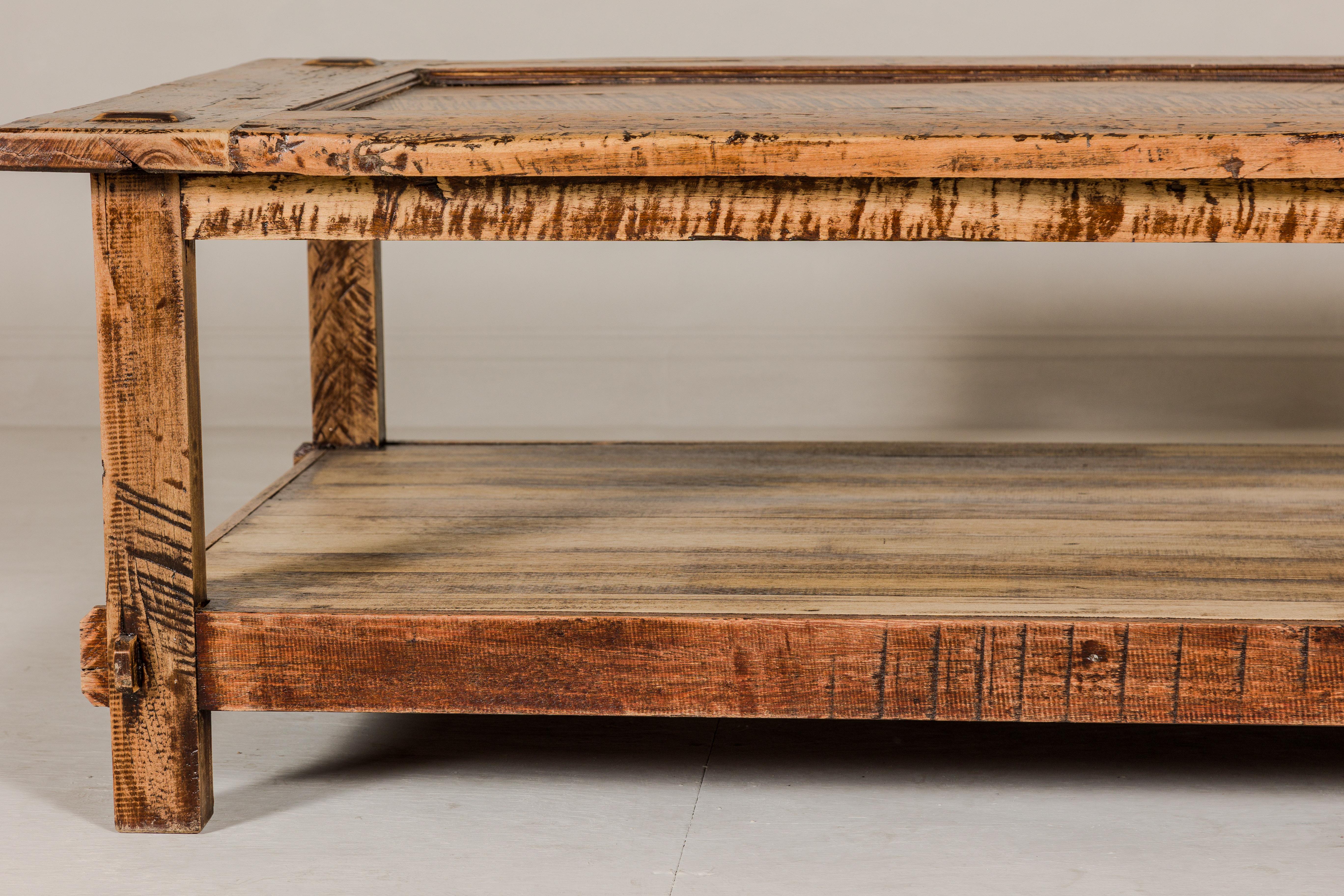 Wood Country Style Distressed Two-Tier Coffee Table with Inset Top and Straight Legs For Sale