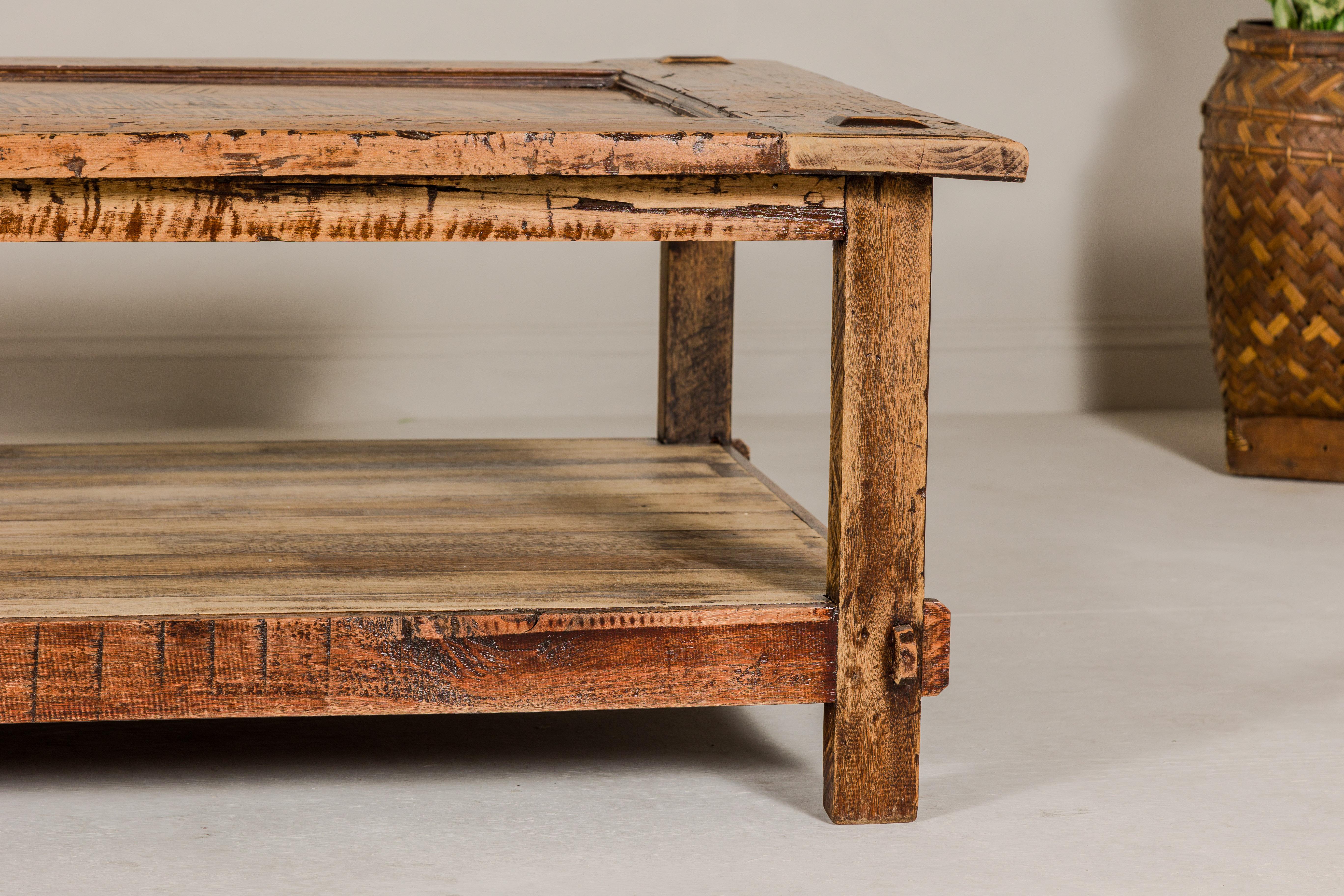 Country Style Distressed Two-Tier Coffee Table with Inset Top and Straight Legs For Sale 1