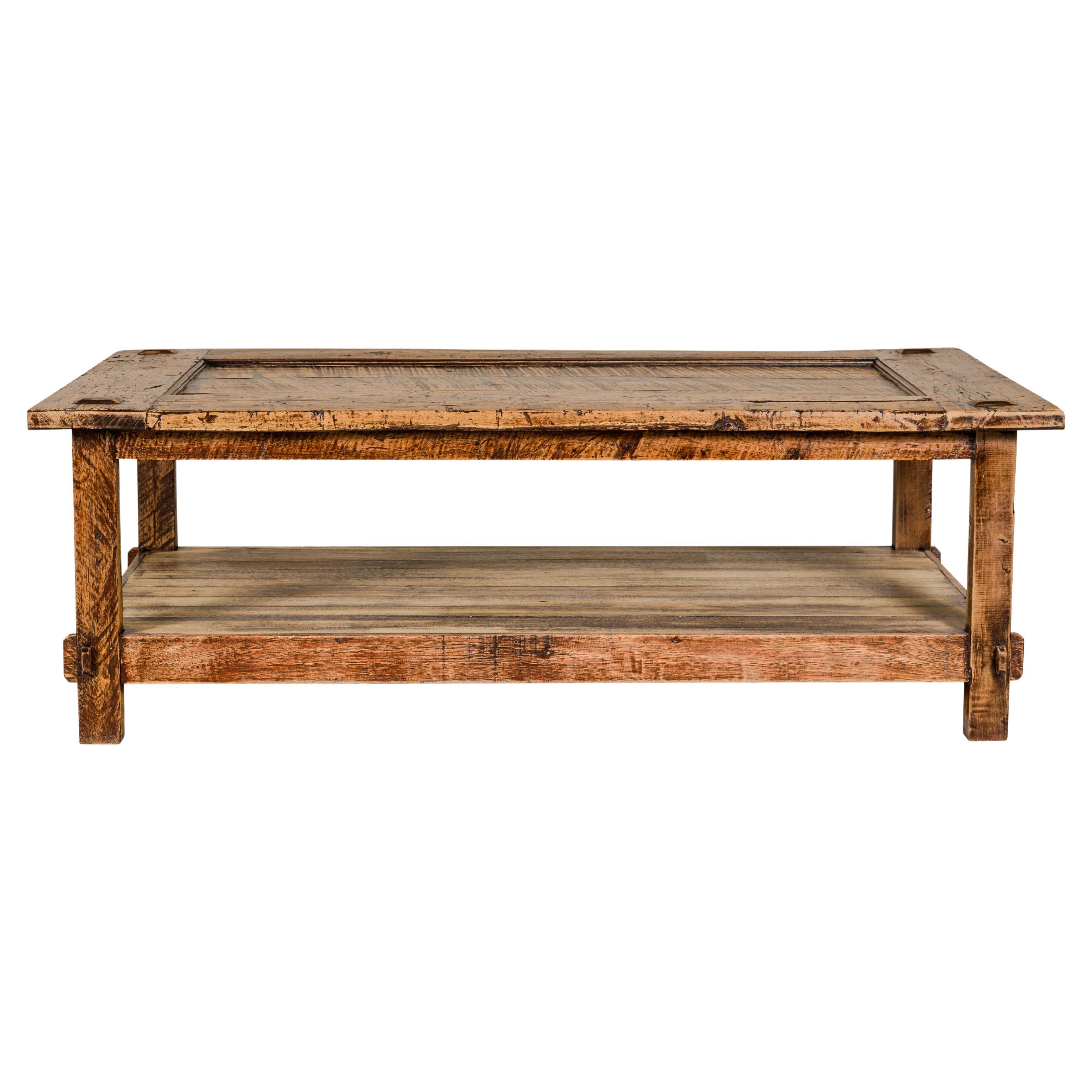 Country Style Distressed Two-Tier Coffee Table with Inset Top and Straight Legs