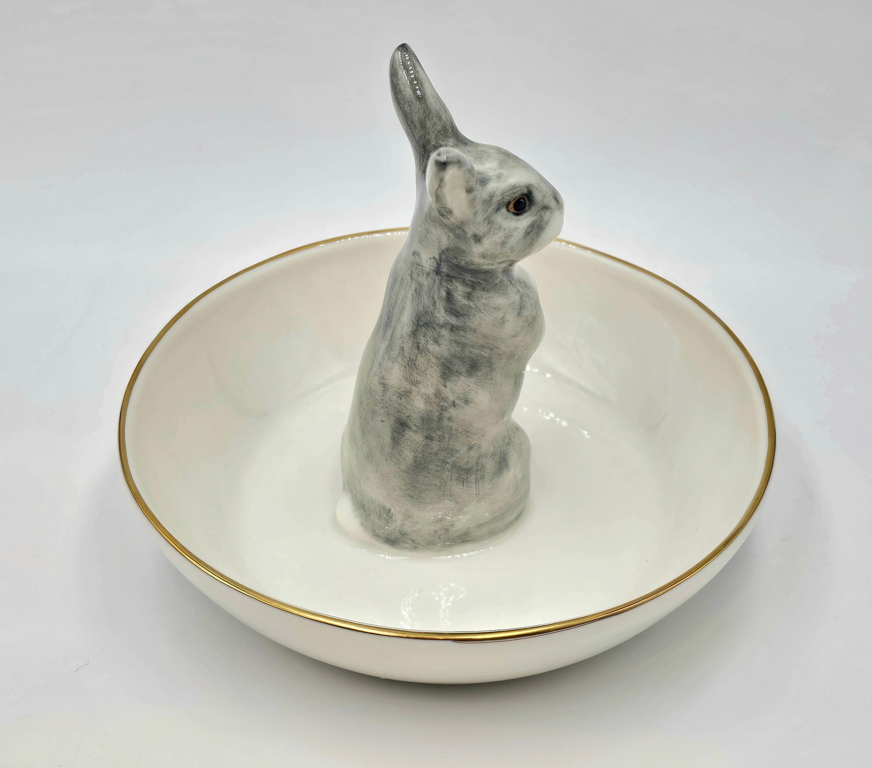 German Country Style Easter Bowl Porcelain with Hare Figure Sofina Boutique Kitzbuehel For Sale