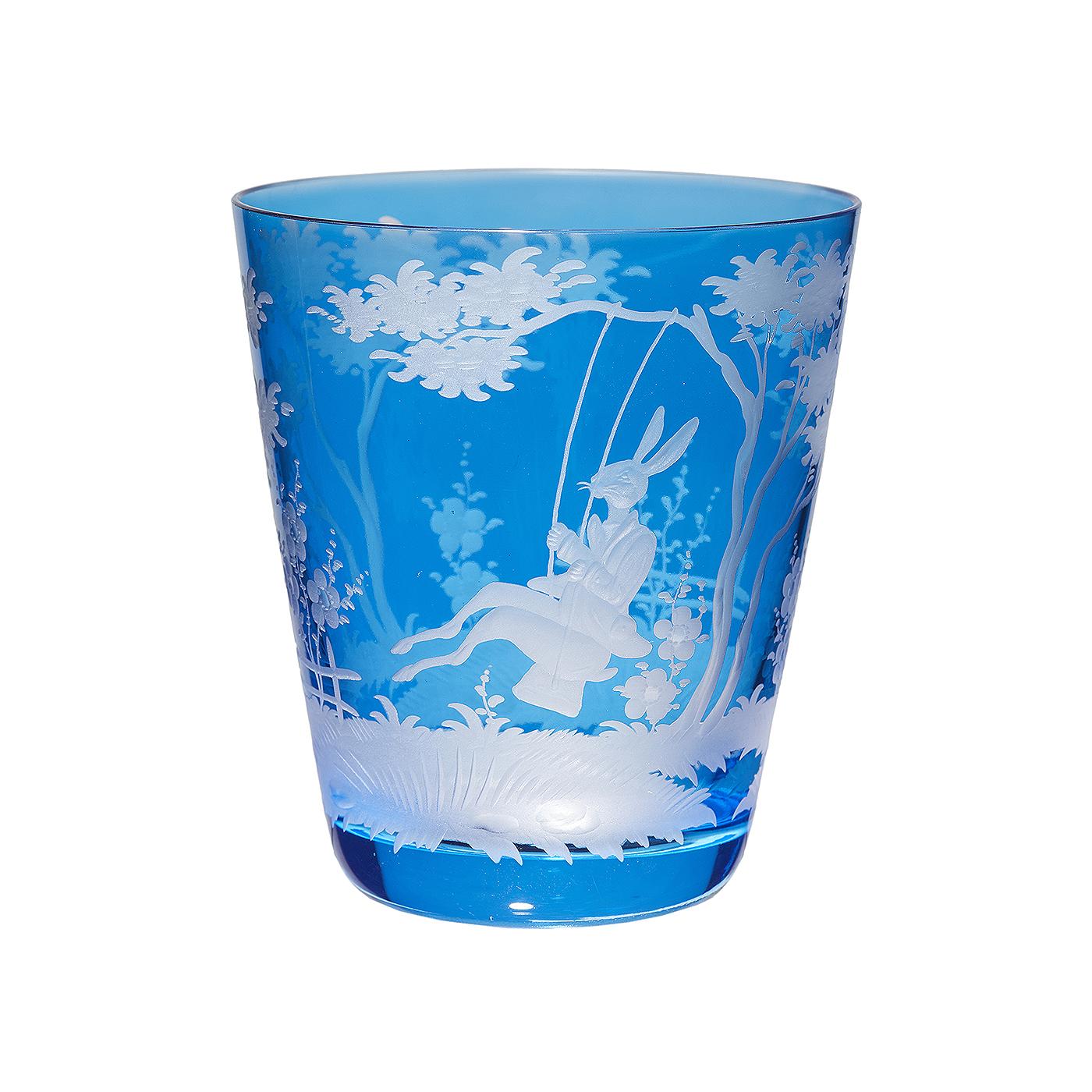 Set of six hand blown tumbler in blue crystal with a hand-edged country style decor. The decor shows a hand-engraved antique Easter decor all-over the glass. Handmade in Bavaria/Germany. Can be ordered in different colors. Colored crystal is not