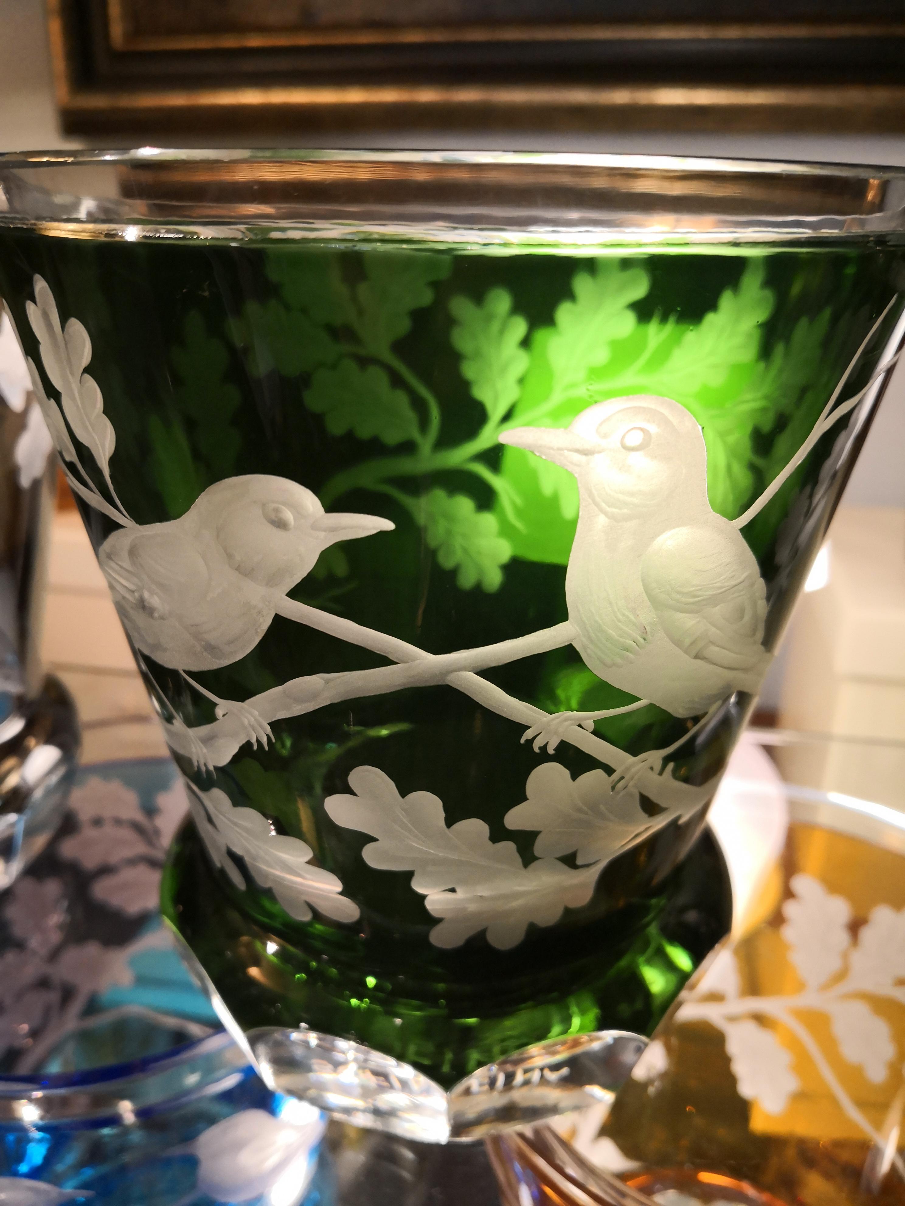 Hand-Crafted Country Style Crystal Vase Green Glass Birds Decor Sofina Boutique Kitzbuehel For Sale