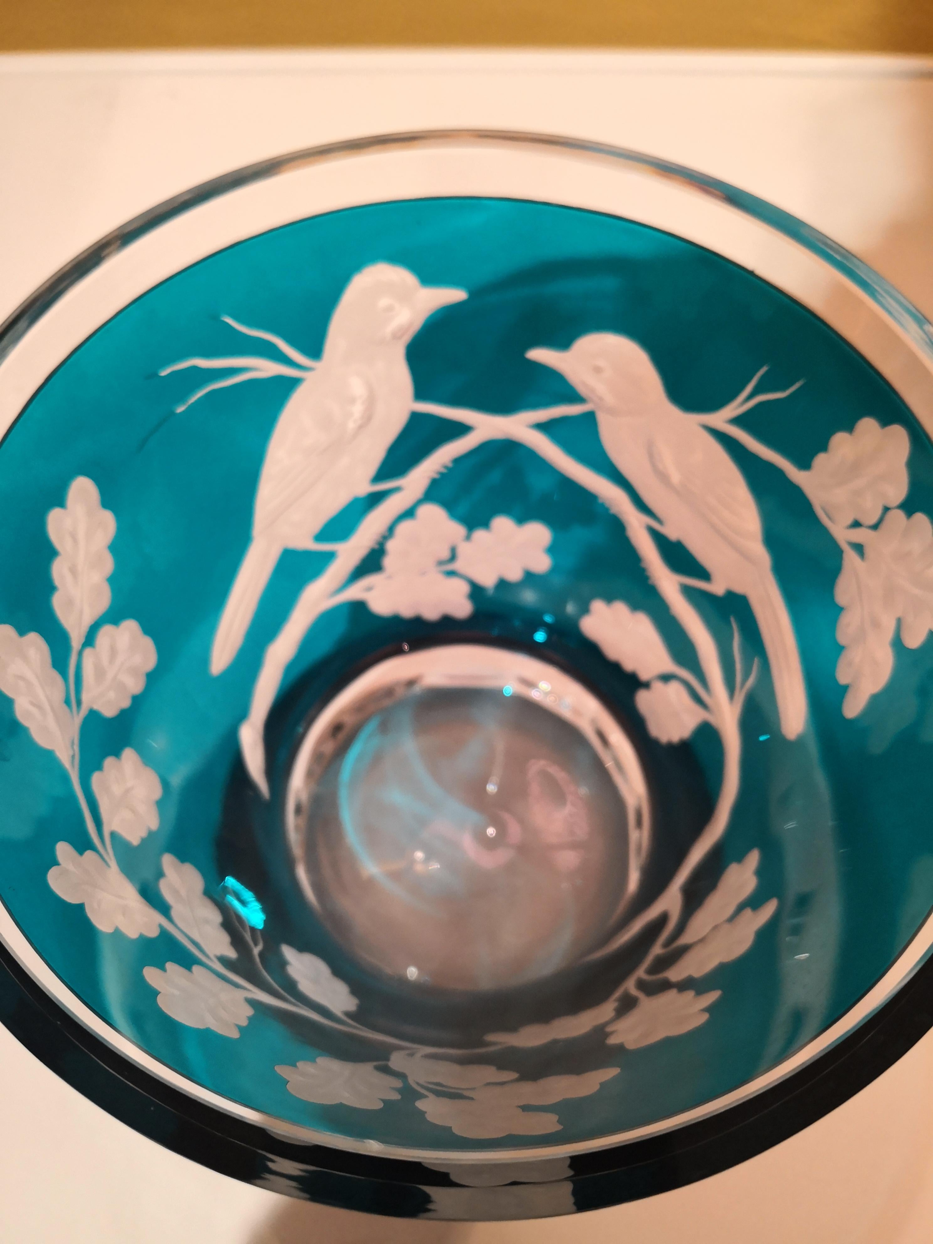 Contemporary Country Style Hand Blown Vase Birds Decor Blue Glass Sofina Boutique Kitzbuehel For Sale