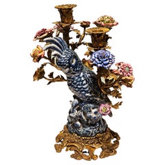Country Style Large Candlestick With a Bird Pottery with Flowers 