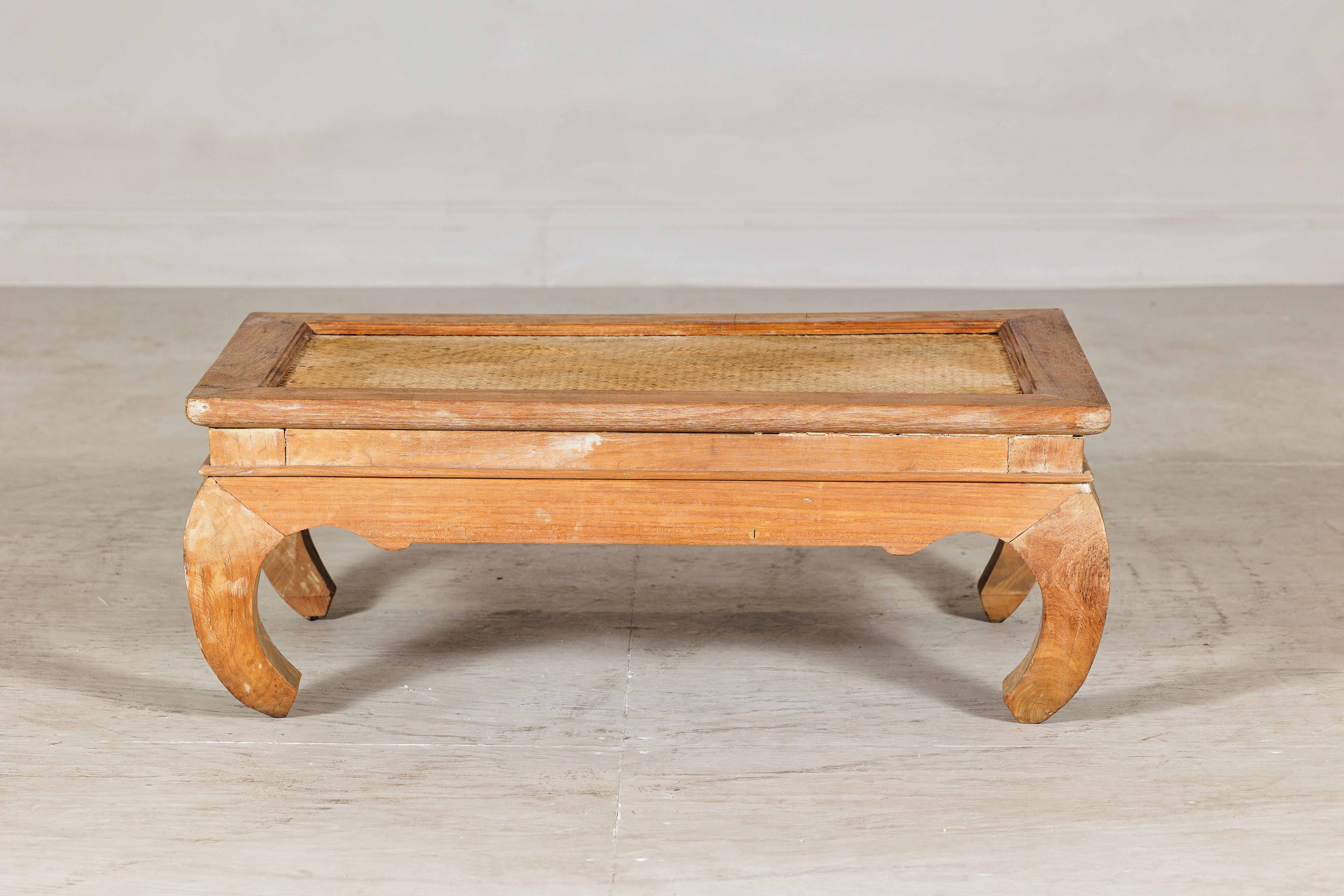 Country Style Low Wood Coffee Table with Woven Mat Top and Curved Legs For Sale 4
