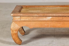 Country Style Low Wood Coffee Table with Woven Mat Top and Curved Legs