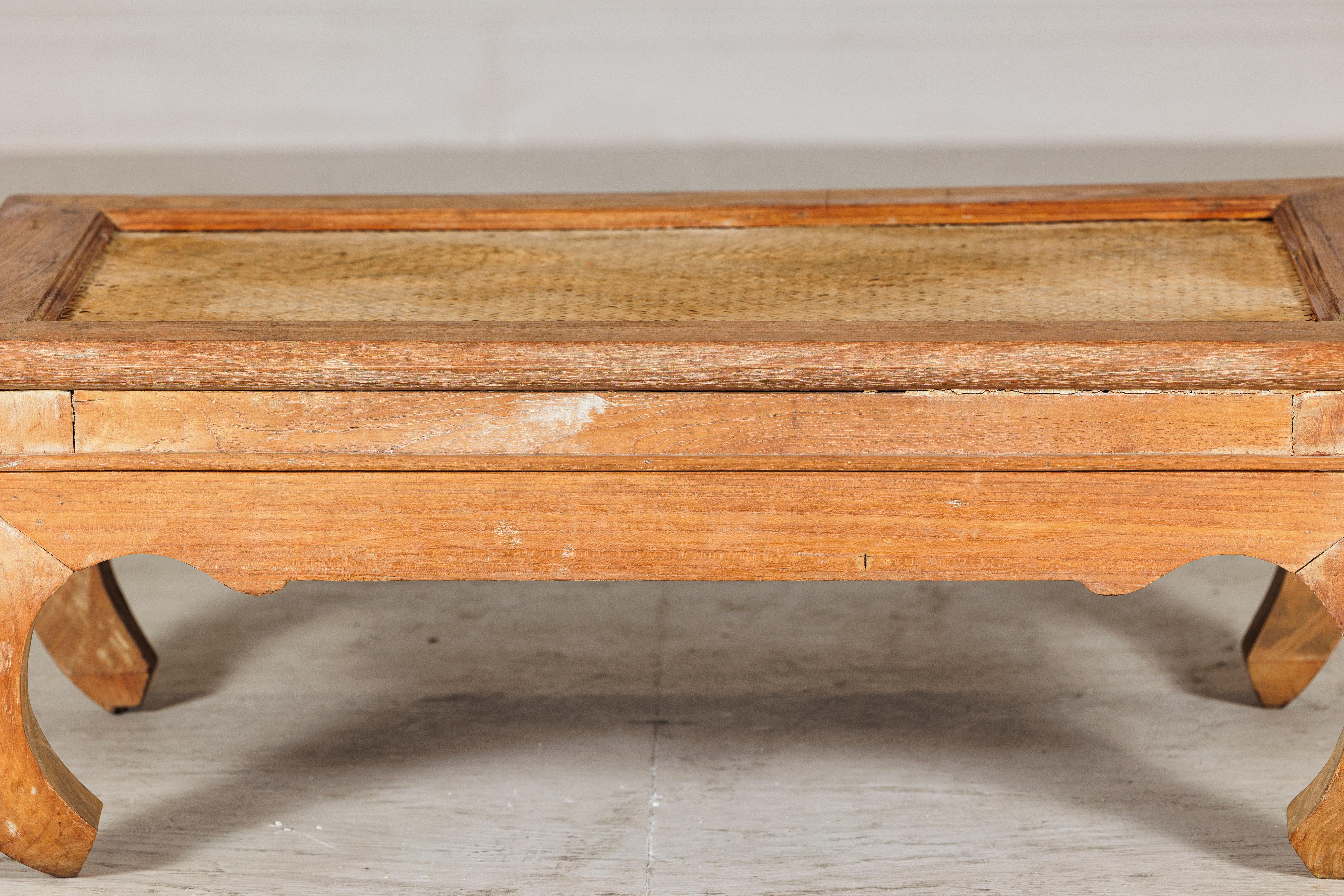 Hand-Woven Country Style Low Wood Coffee Table with Woven Mat Top and Curved Legs For Sale