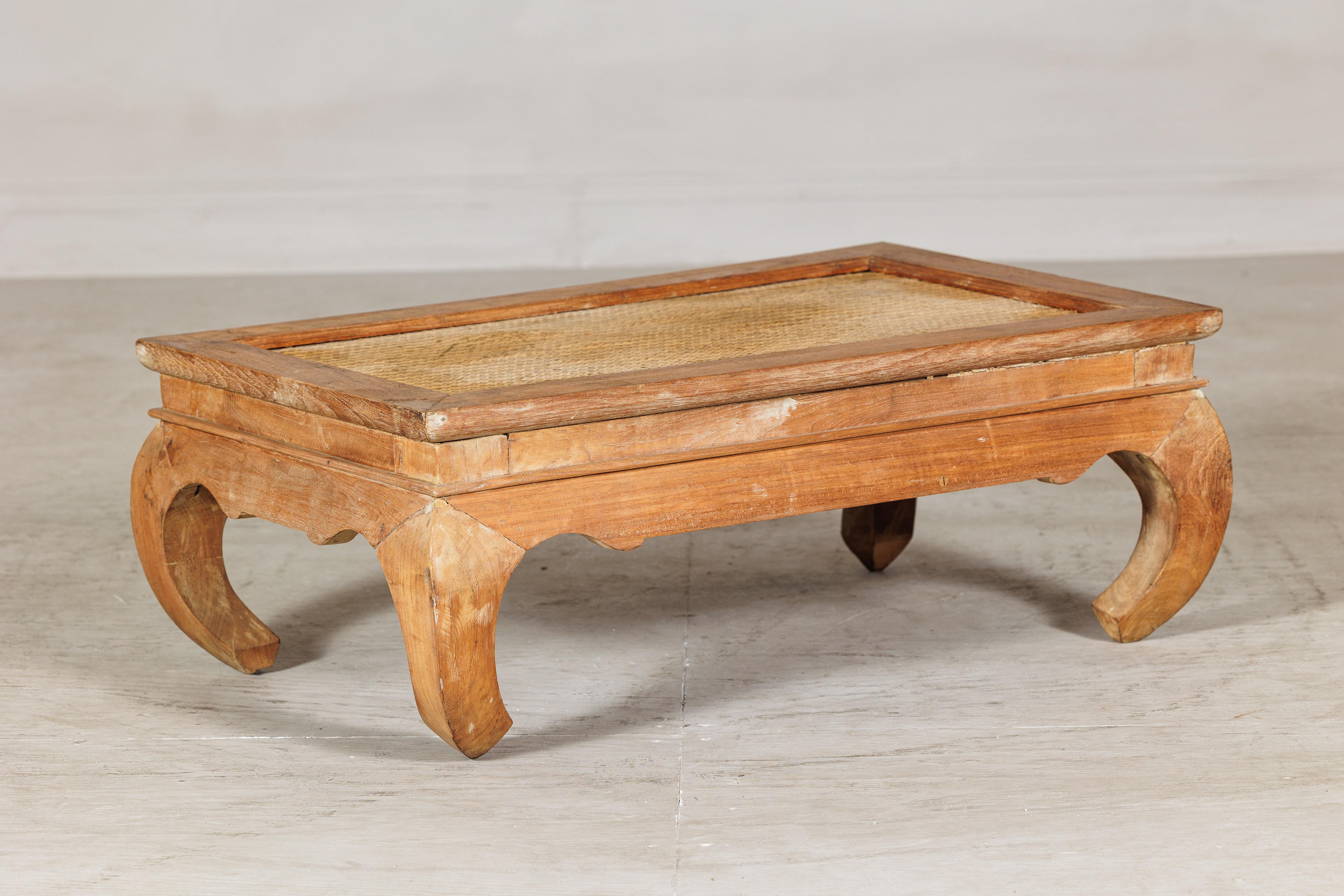20th Century Country Style Low Wood Coffee Table with Woven Mat Top and Curved Legs For Sale