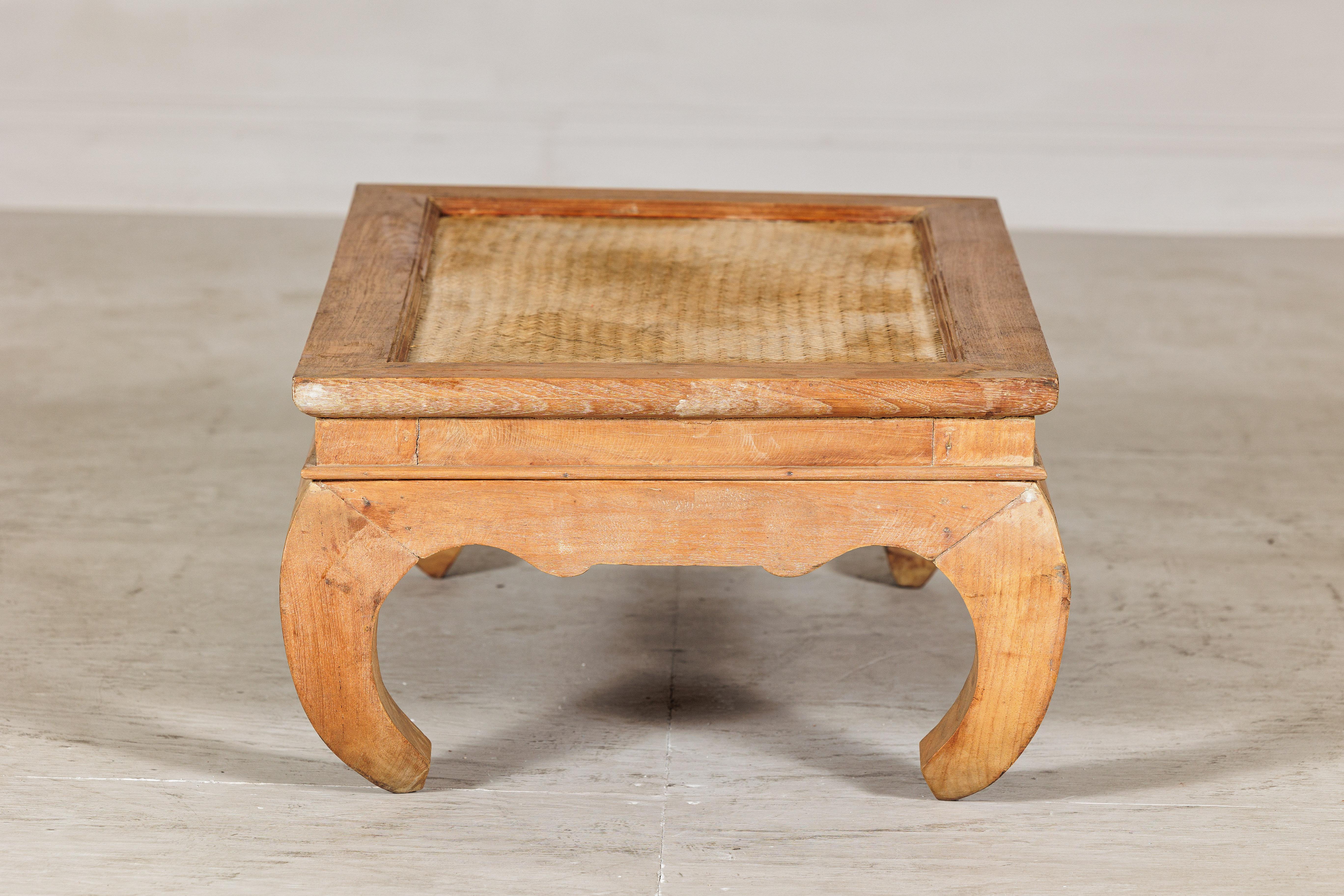 Rattan Country Style Low Wood Coffee Table with Woven Mat Top and Curved Legs For Sale
