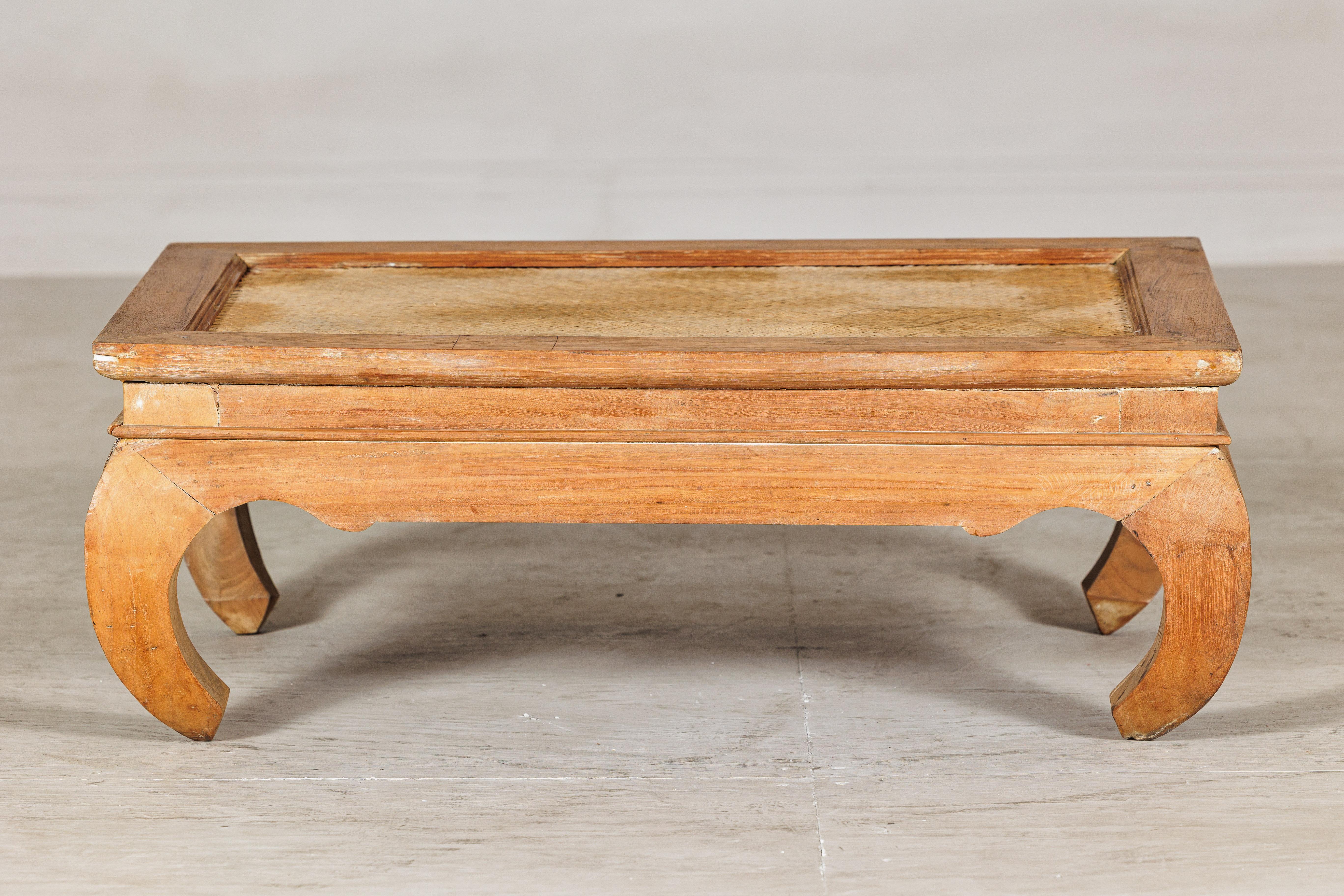 Country Style Low Wood Coffee Table with Woven Mat Top and Curved Legs For Sale 1