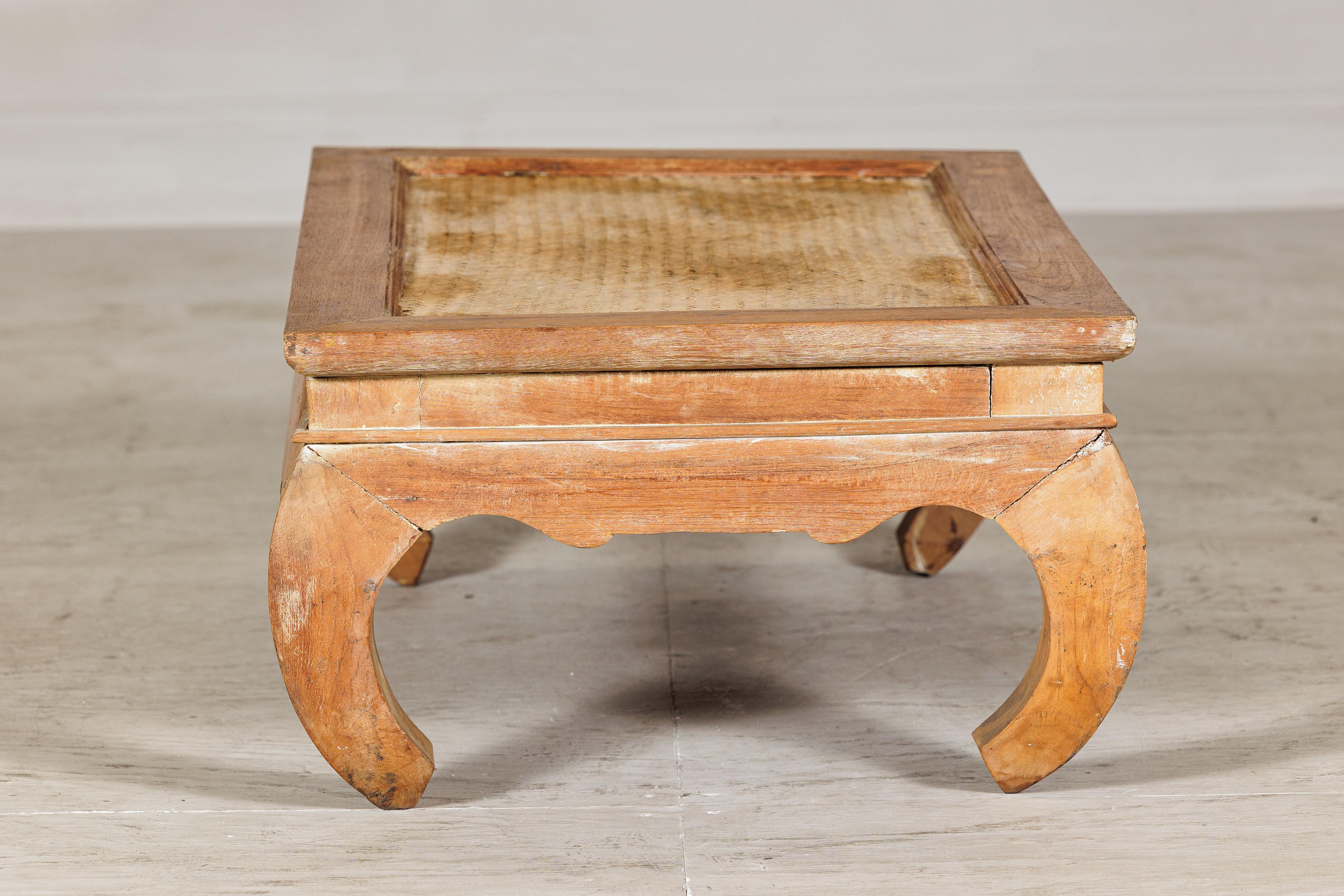 Country Style Low Wood Coffee Table with Woven Mat Top and Curved Legs For Sale 2