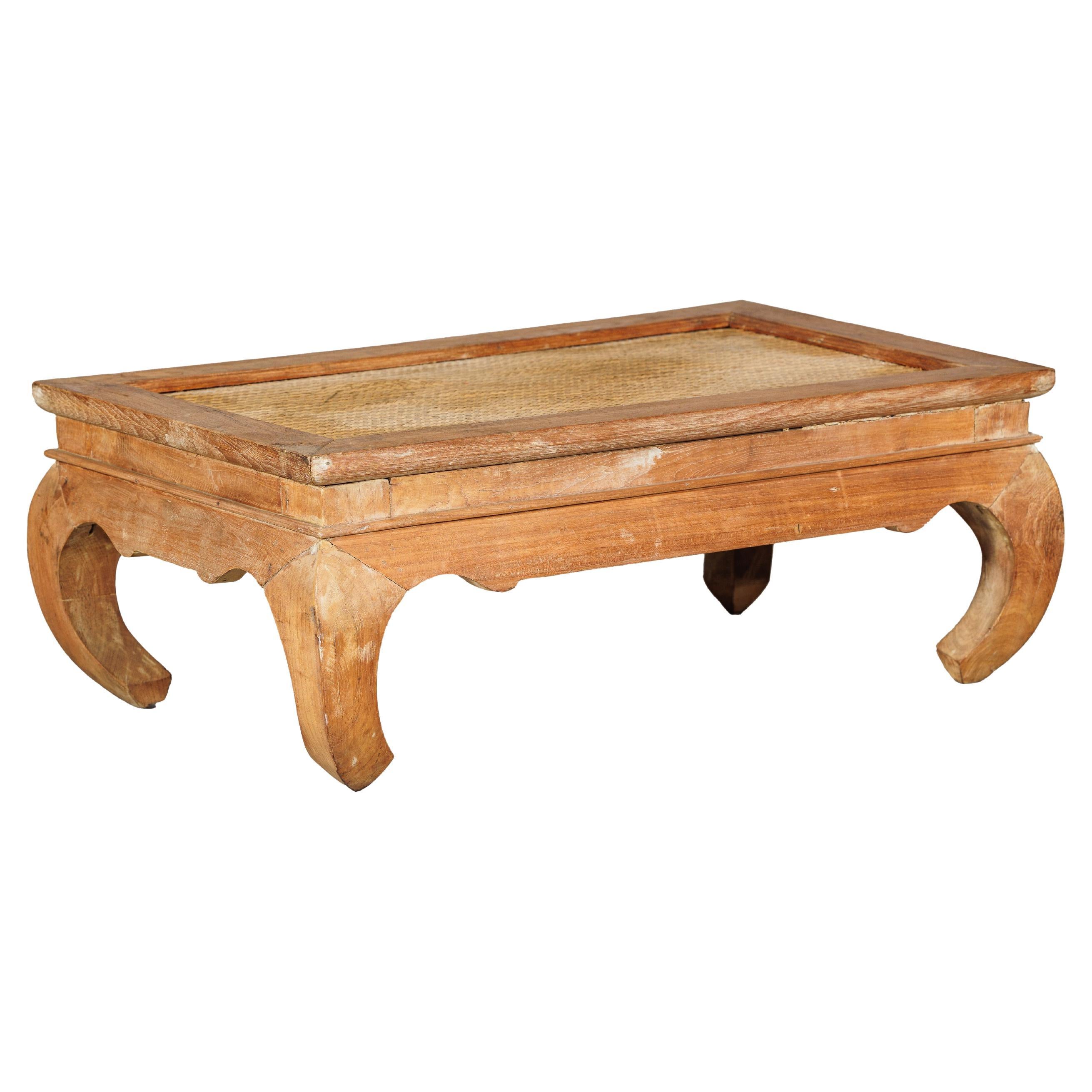Country Style Low Wood Coffee Table with Woven Mat Top and Curved Legs For Sale