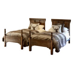 Antique Country Style Matching Pair of Twin Single Oak Beds, WPS36