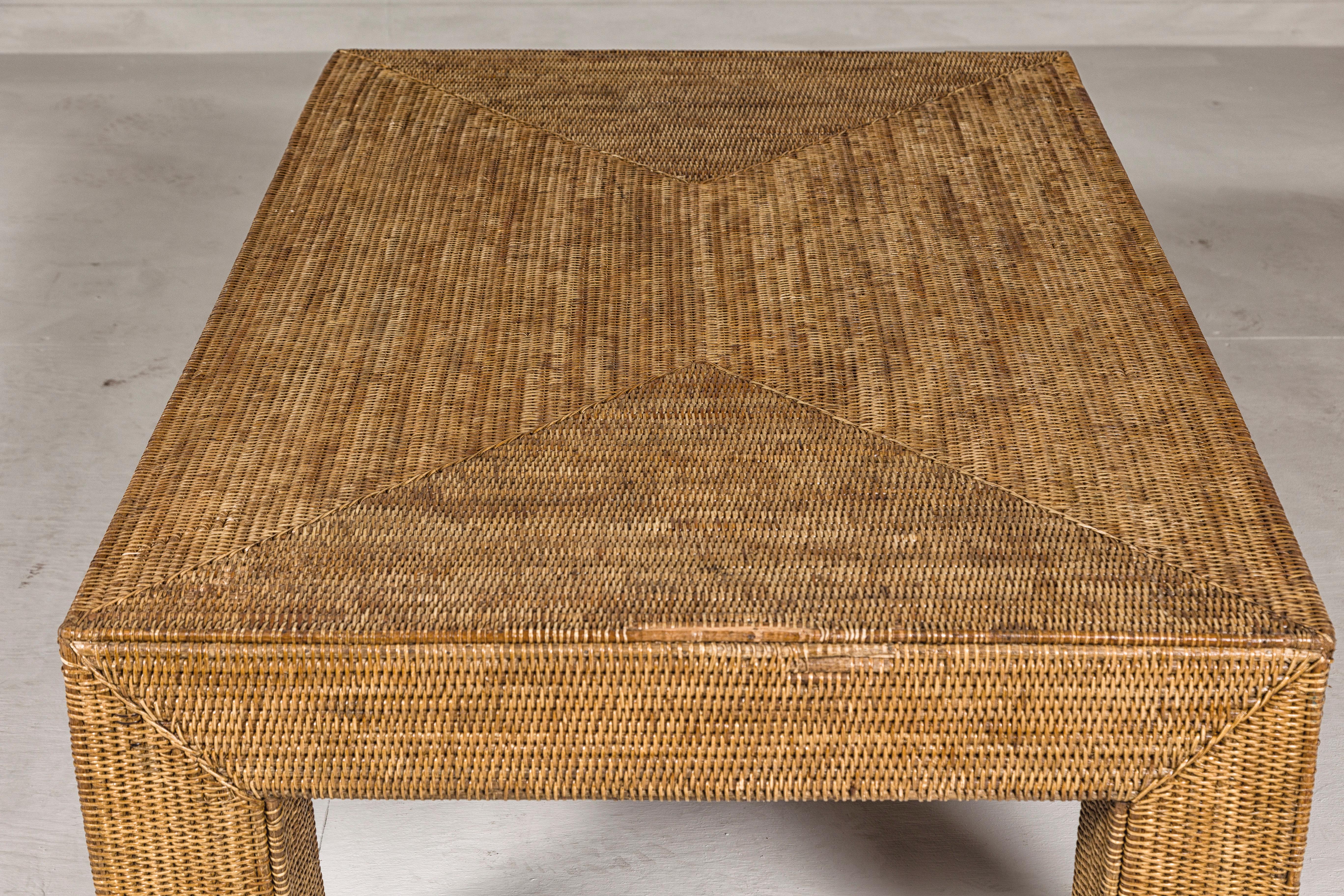 Country Style Midcentury Woven Rattan Light Brown Parsons Leg Coffee Table For Sale 7