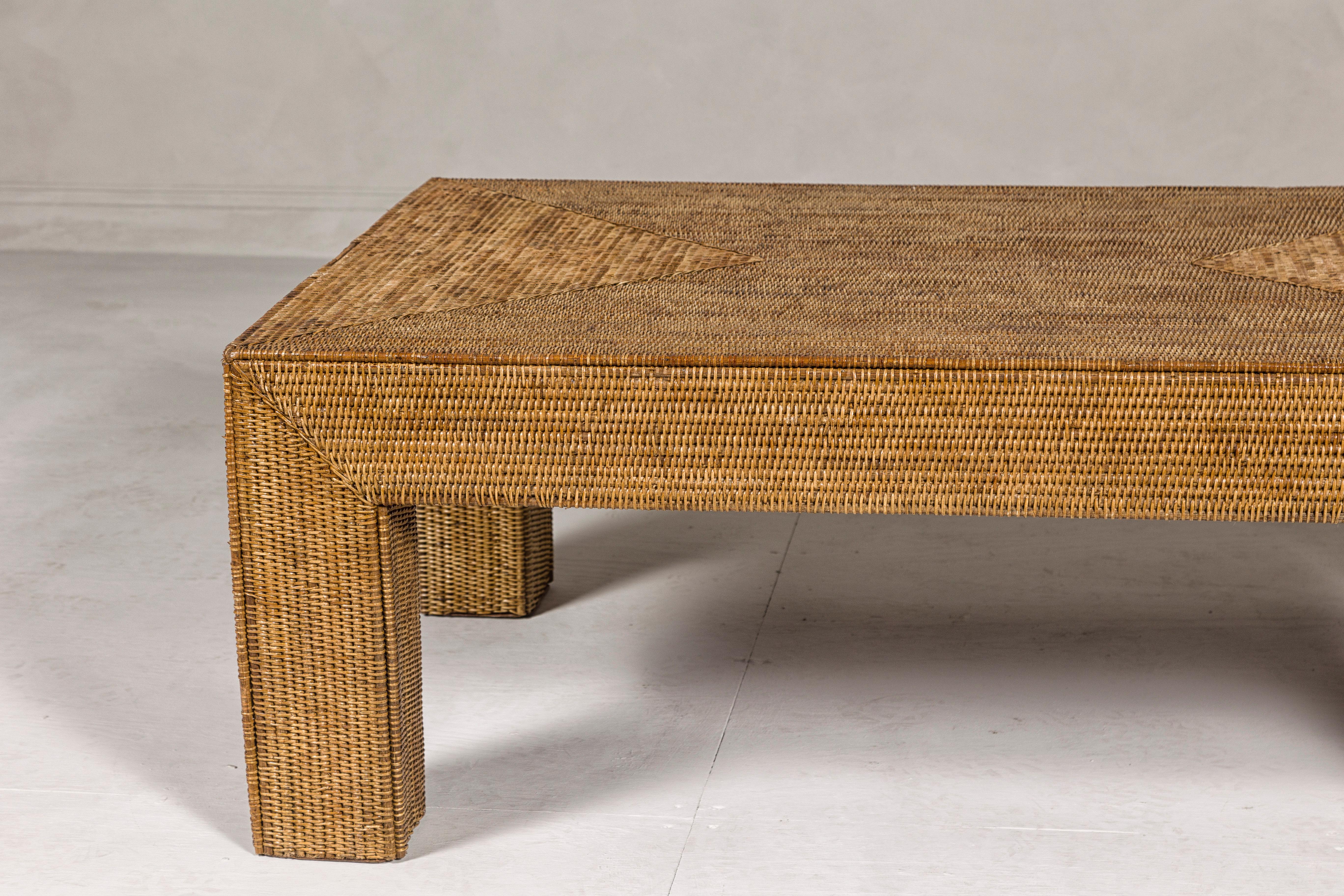 Country Style Midcentury Woven Rattan Light Brown Parsons Leg Coffee Table For Sale 1