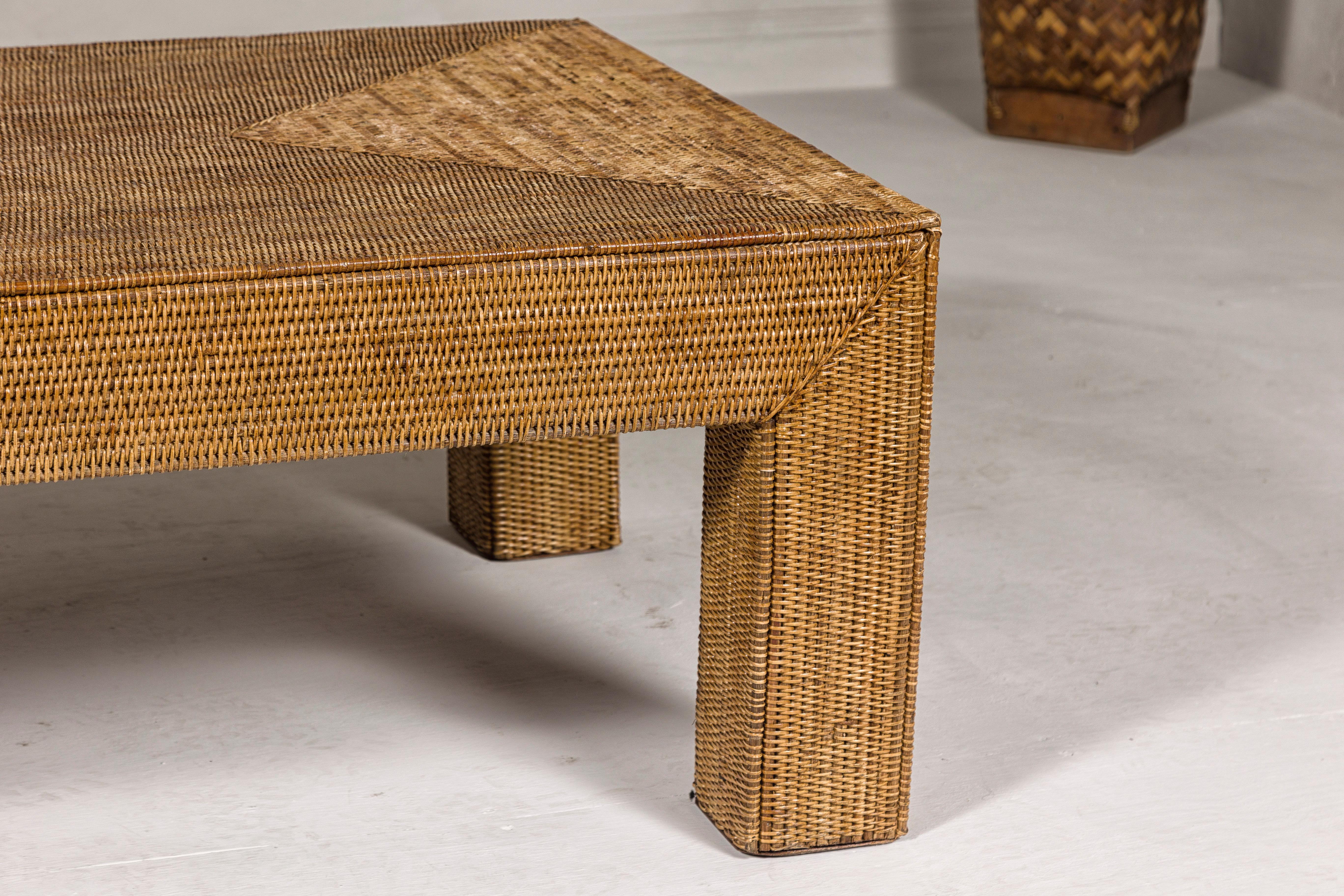 Country Style Midcentury Woven Rattan Light Brown Parsons Leg Coffee Table For Sale 2