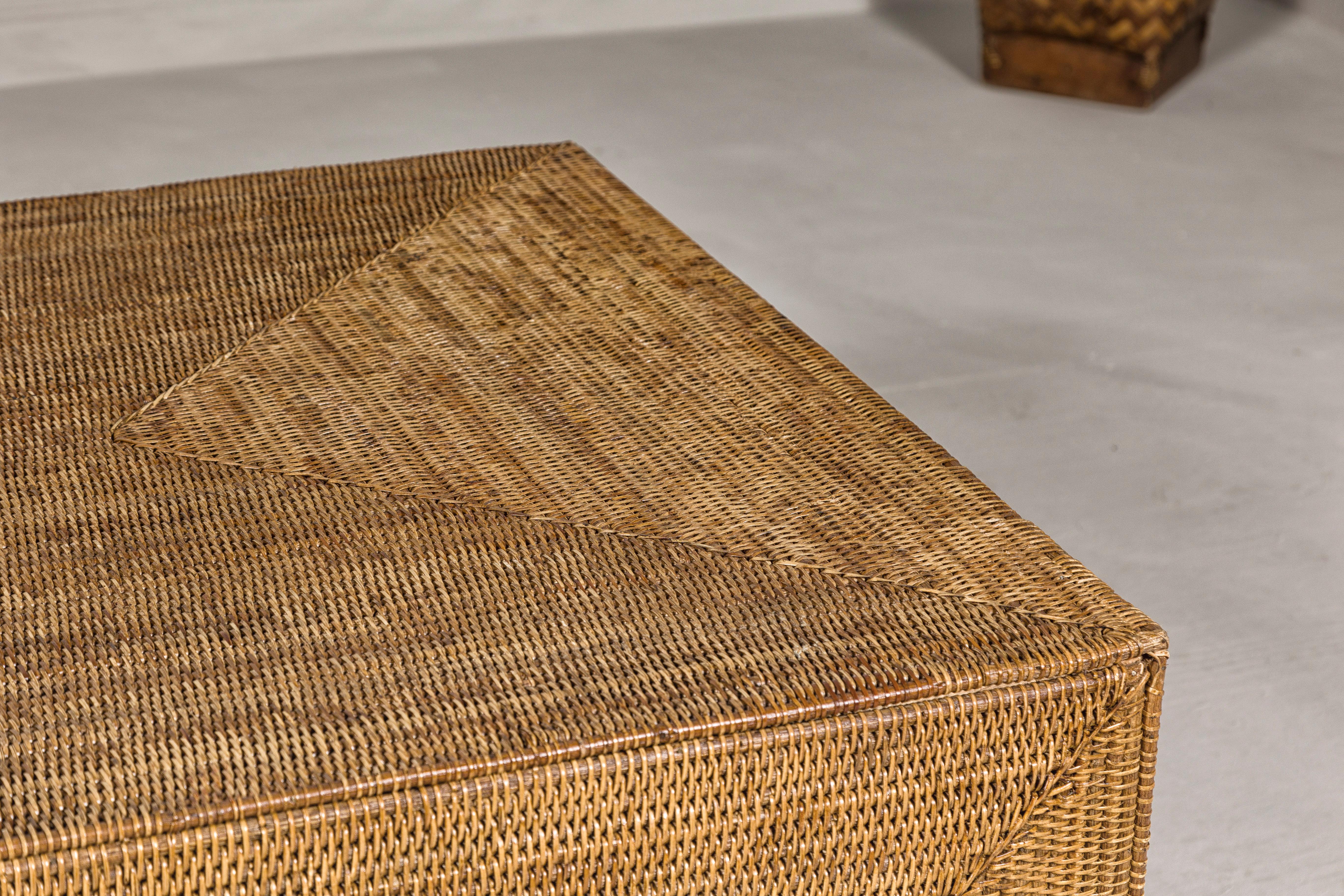 Country Style Midcentury Woven Rattan Light Brown Parsons Leg Coffee Table For Sale 4