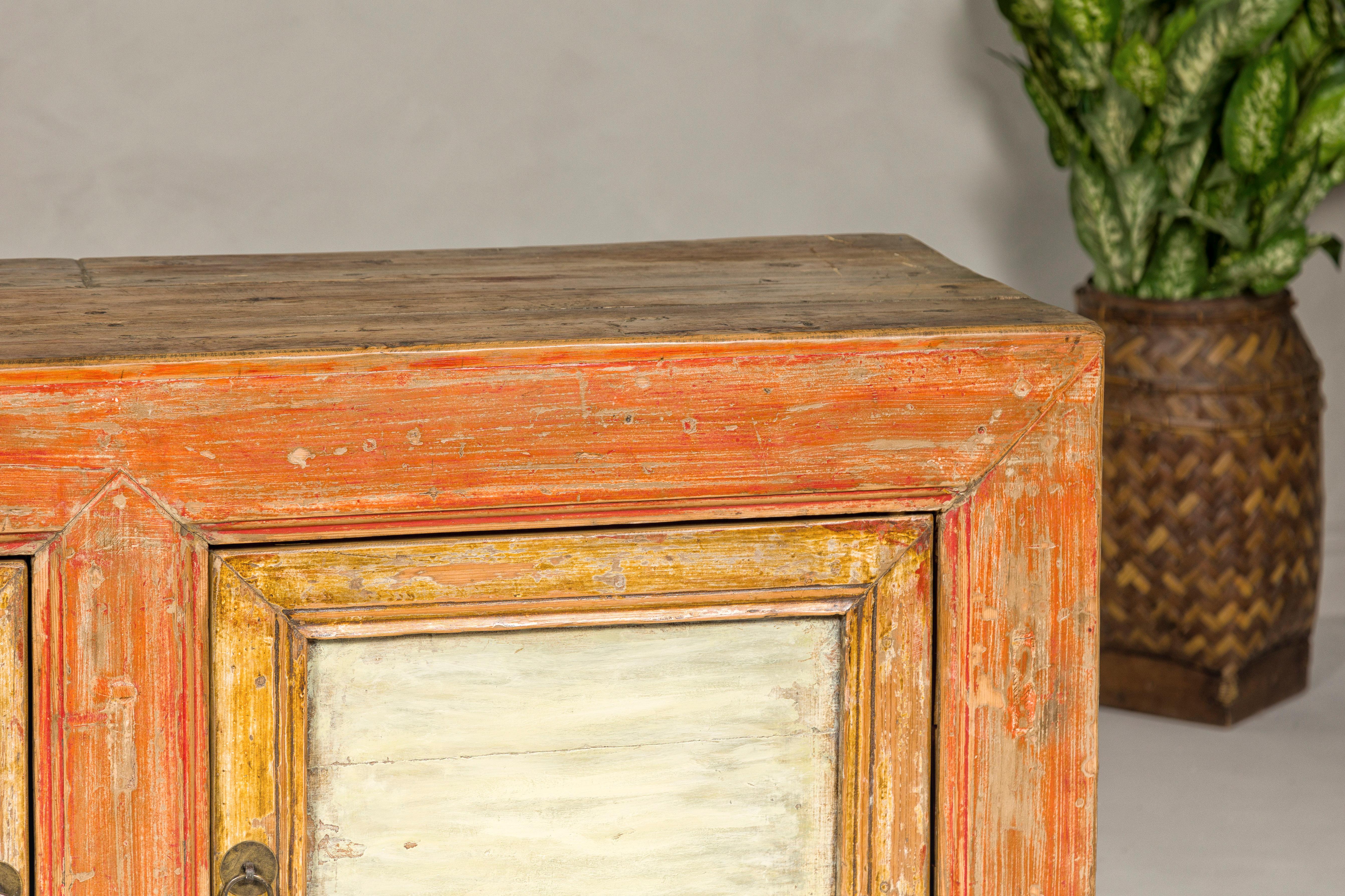 Country Style Painted Two-Door Buffet with Distressed Orange and Off-White Color For Sale 3