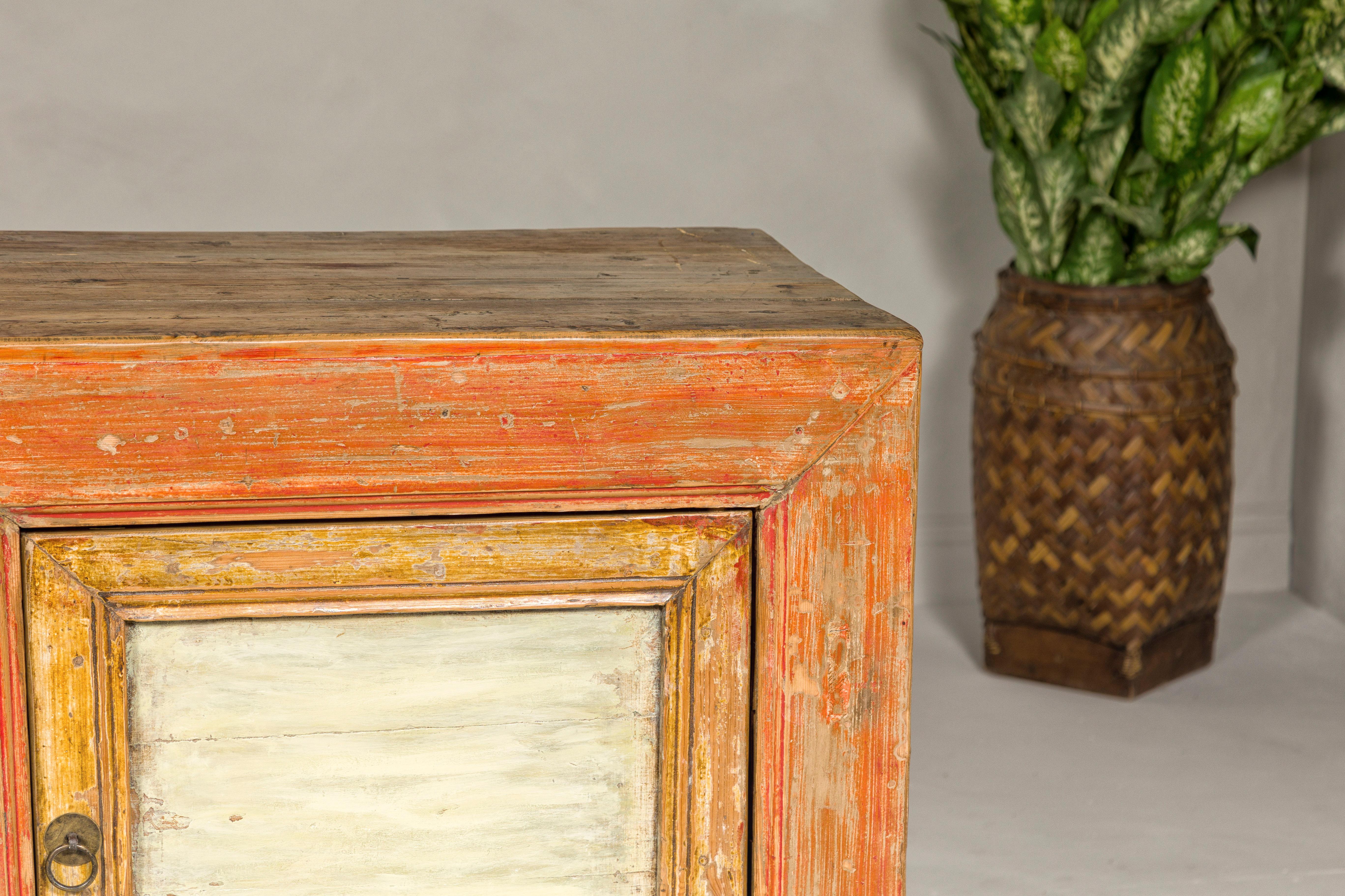 Country Style Painted Two-Door Buffet with Distressed Orange and Off-White Color For Sale 8