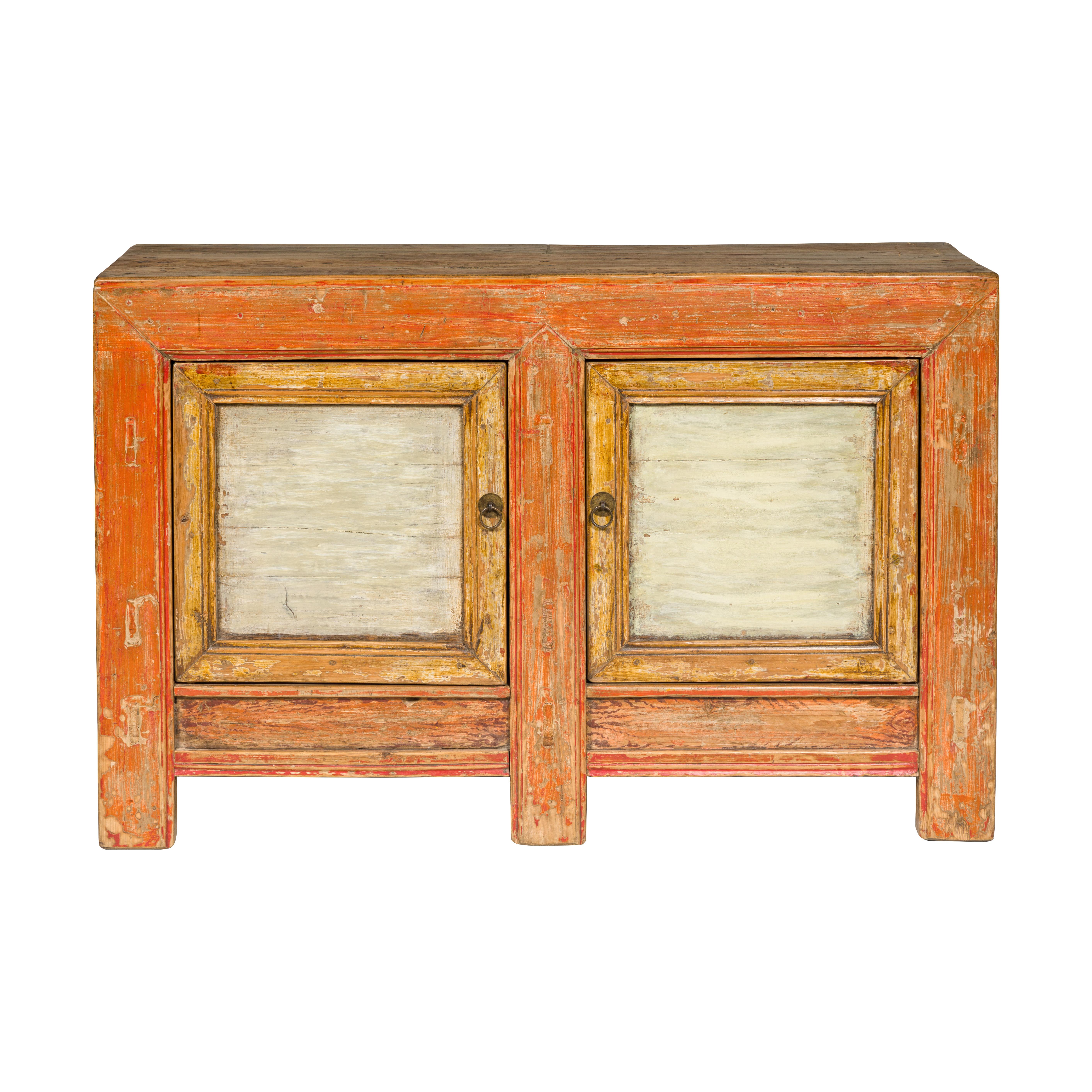 Country Style Painted Two-Door Buffet with Distressed Orange and Off-White Color For Sale 13