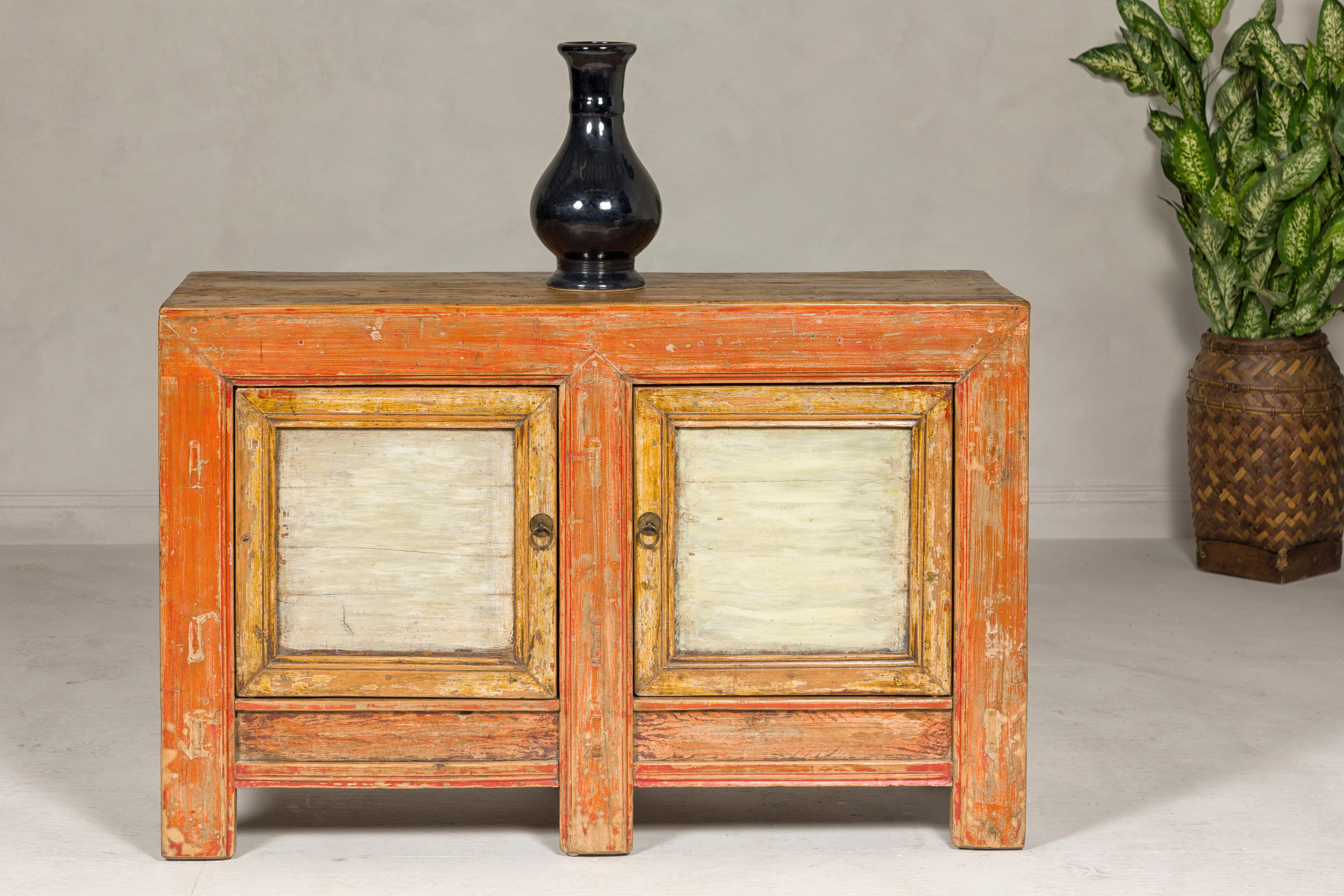 Chinese Country Style Painted Two-Door Buffet with Distressed Orange and Off-White Color For Sale