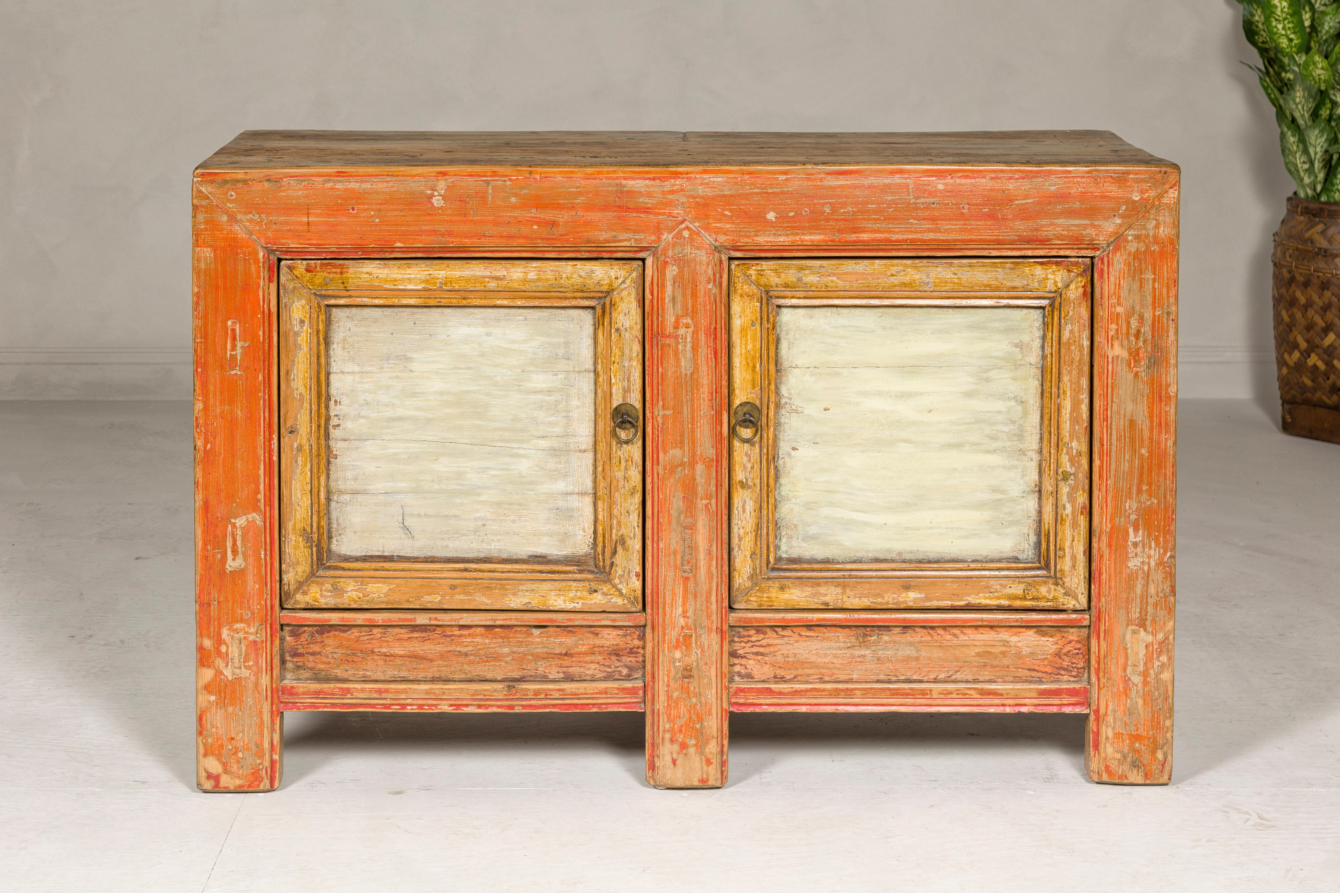 Hand-Painted Country Style Painted Two-Door Buffet with Distressed Orange and Off-White Color For Sale