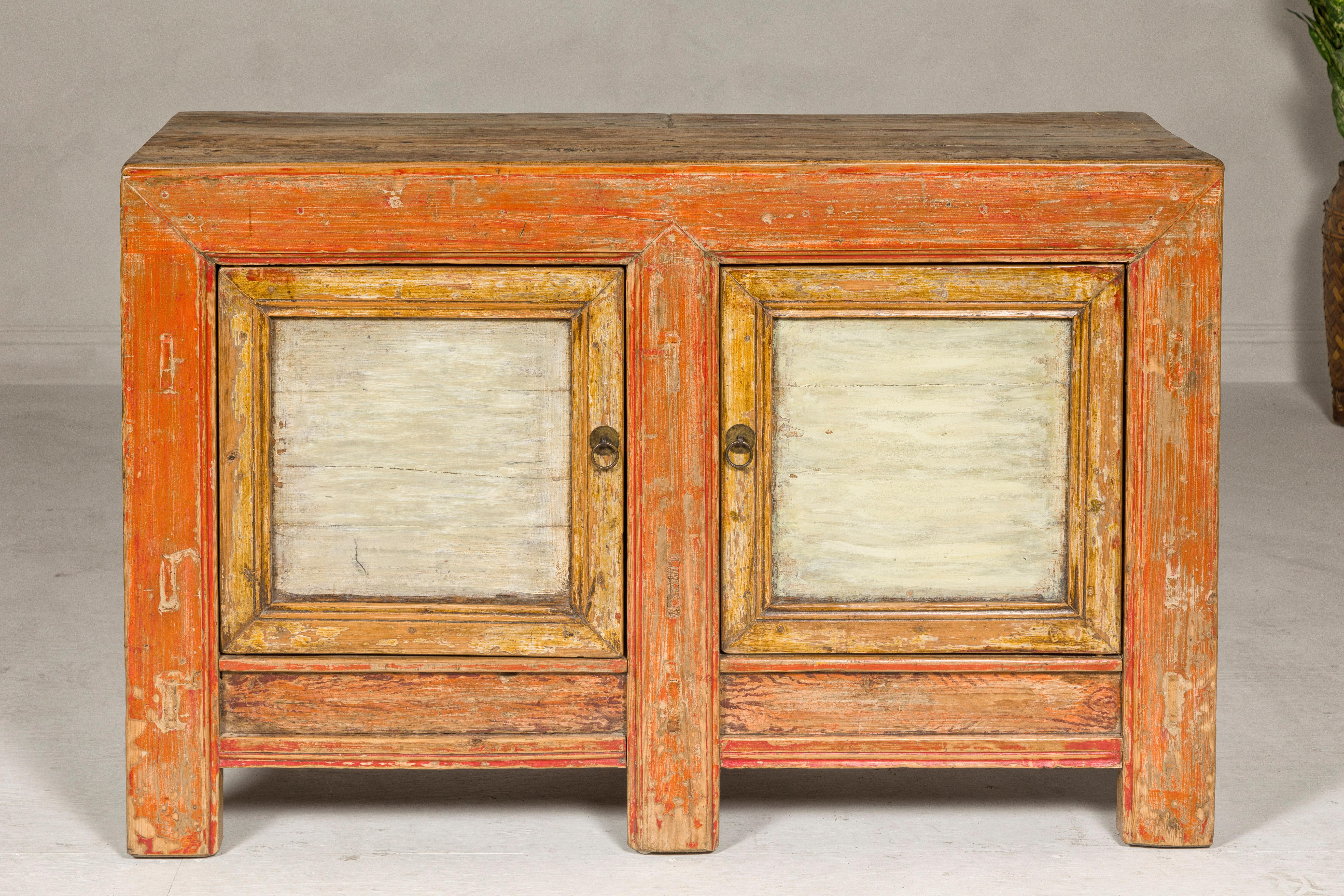 20th Century Country Style Painted Two-Door Buffet with Distressed Orange and Off-White Color For Sale