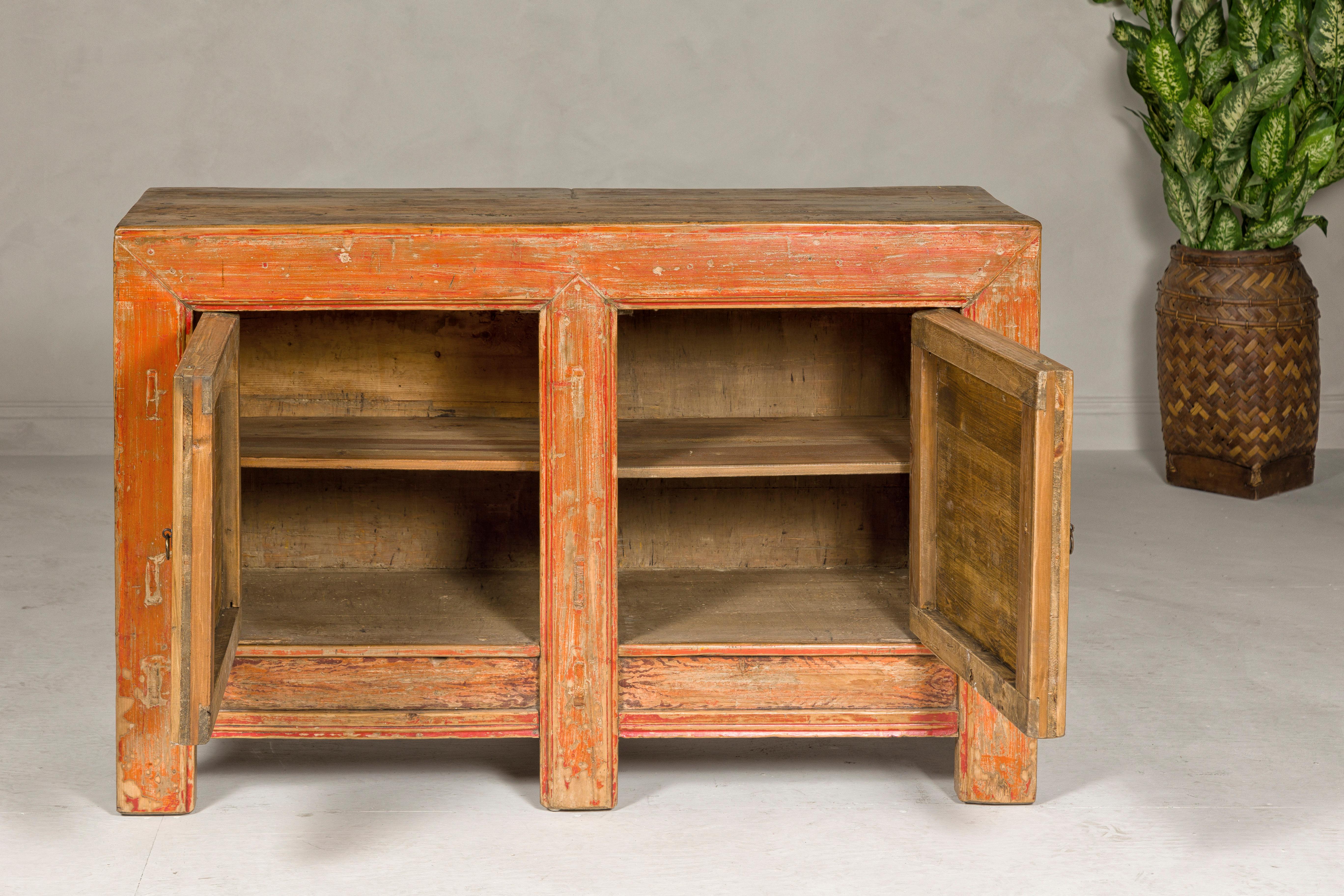 Wood Country Style Painted Two-Door Buffet with Distressed Orange and Off-White Color For Sale